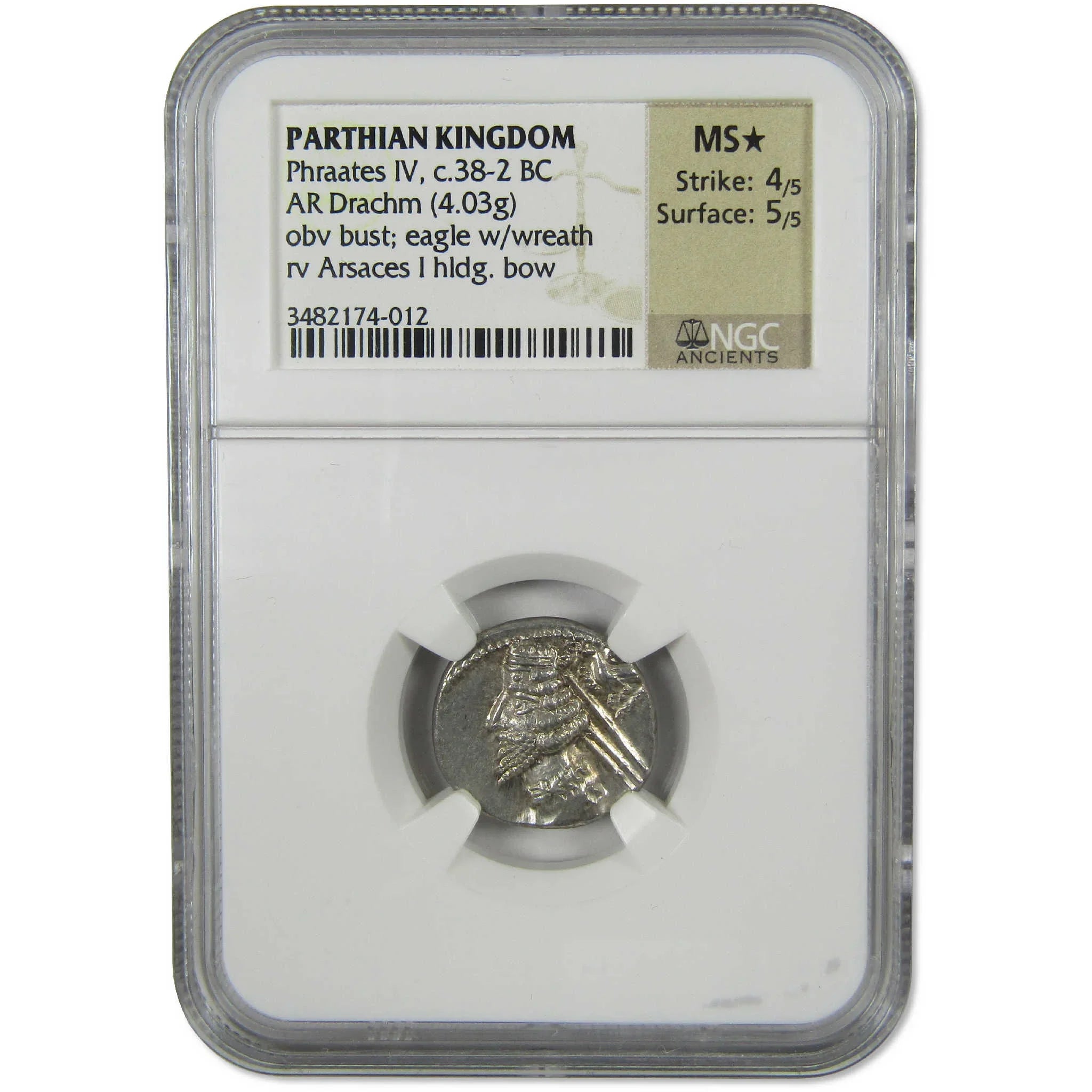 38-2 BC Phraates IV Parthian Kingdom Silver Drachm MS* NGC Ancient