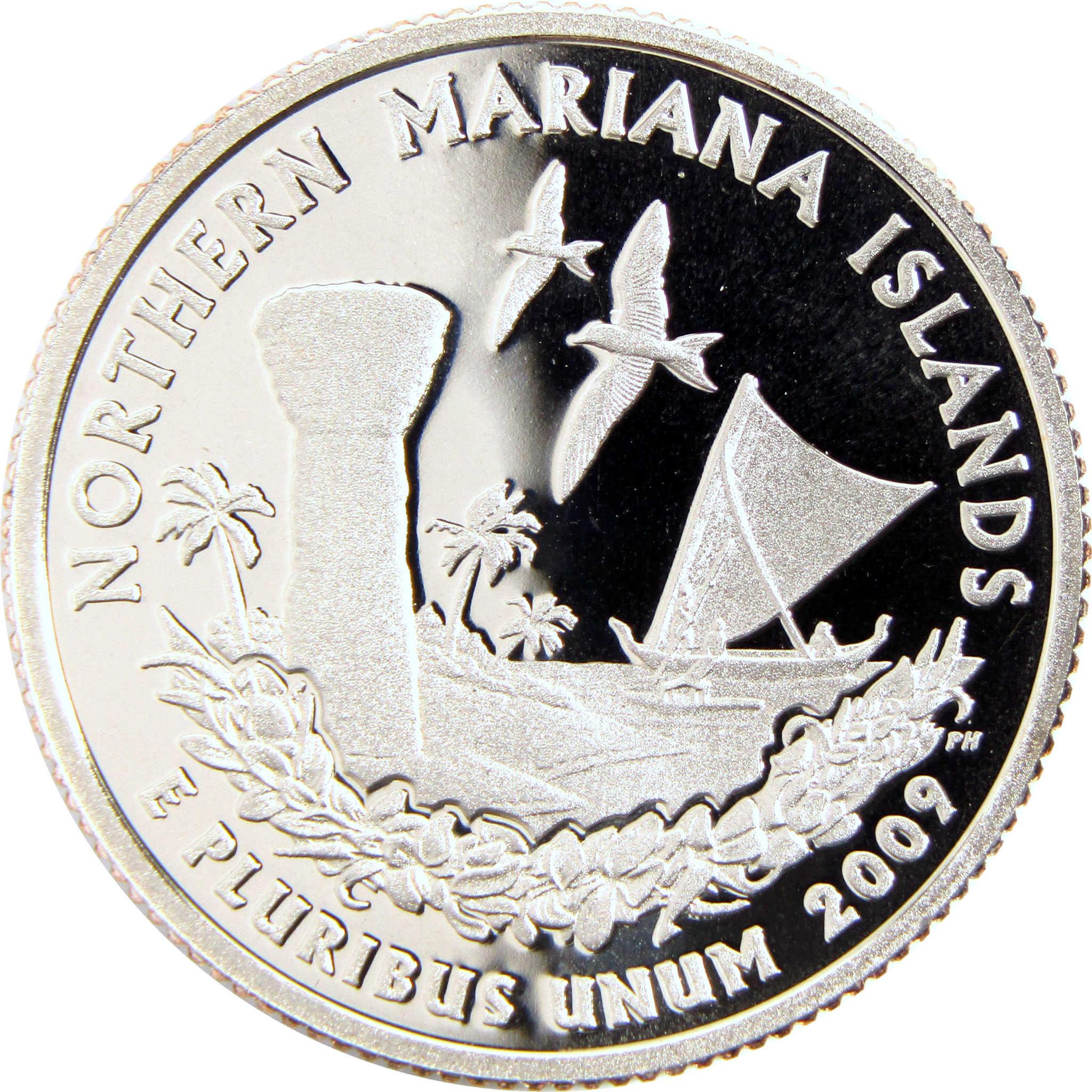 2009 Northern Mariana Islands collectible coin with birds, sailboat, palm trees, and latte stone