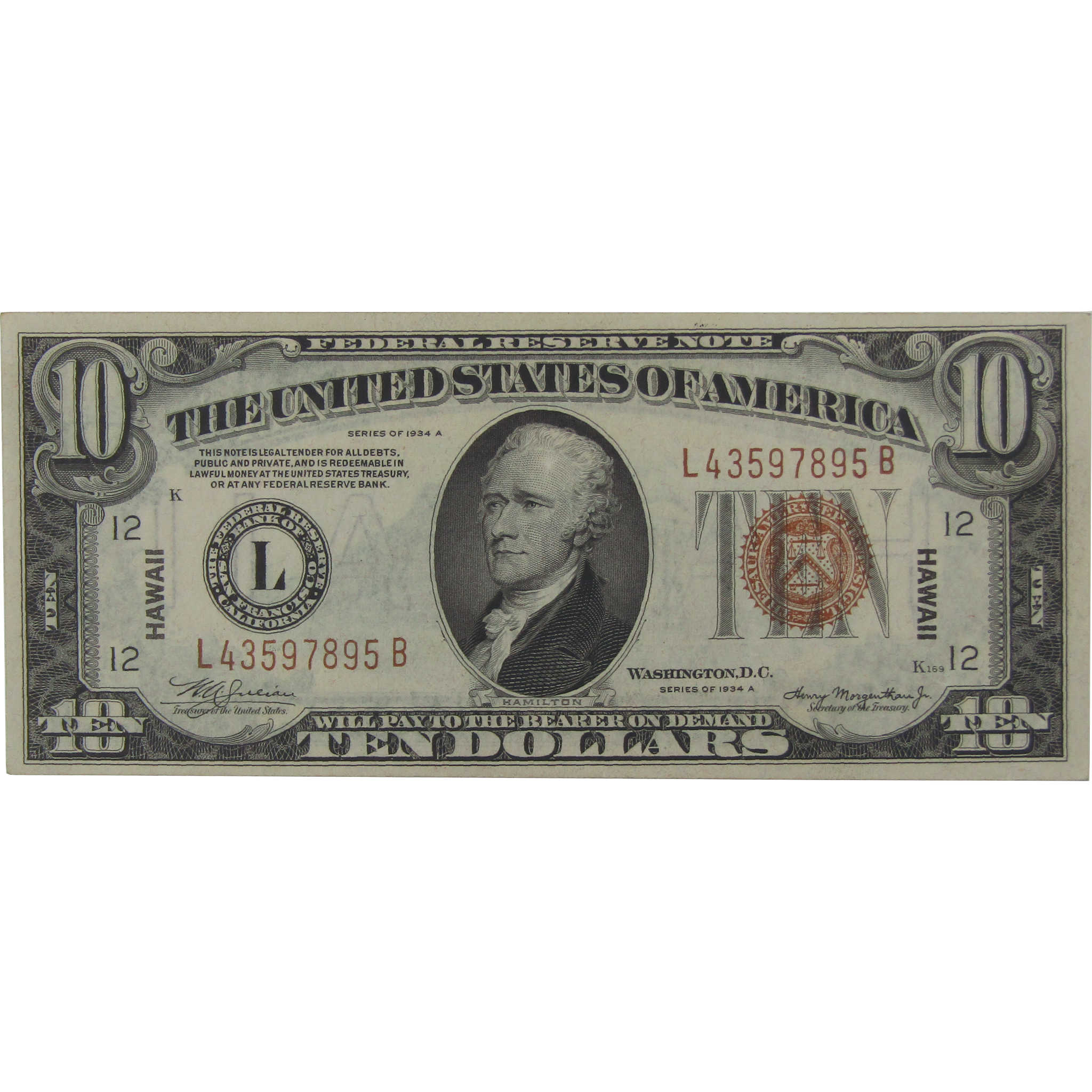 1934 A $10 Federal Reserve Note Hawaii WWII Fr 2303 AU About Unc