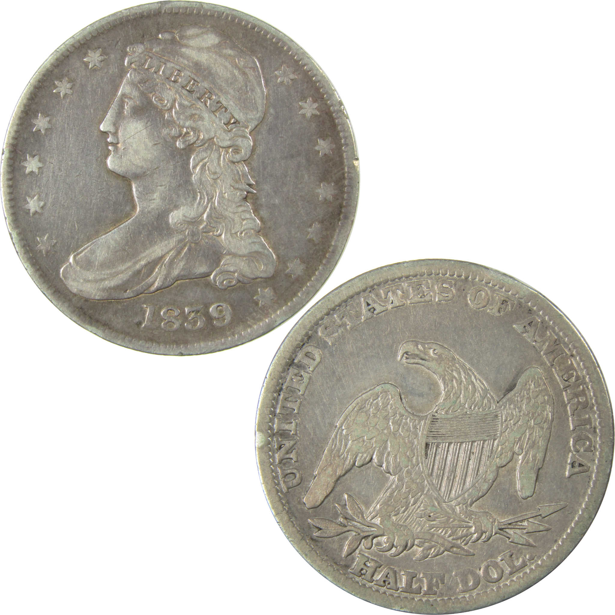 1839 Large Letters Capped Bust Silver 50c F Fine Details SKU:CP1496