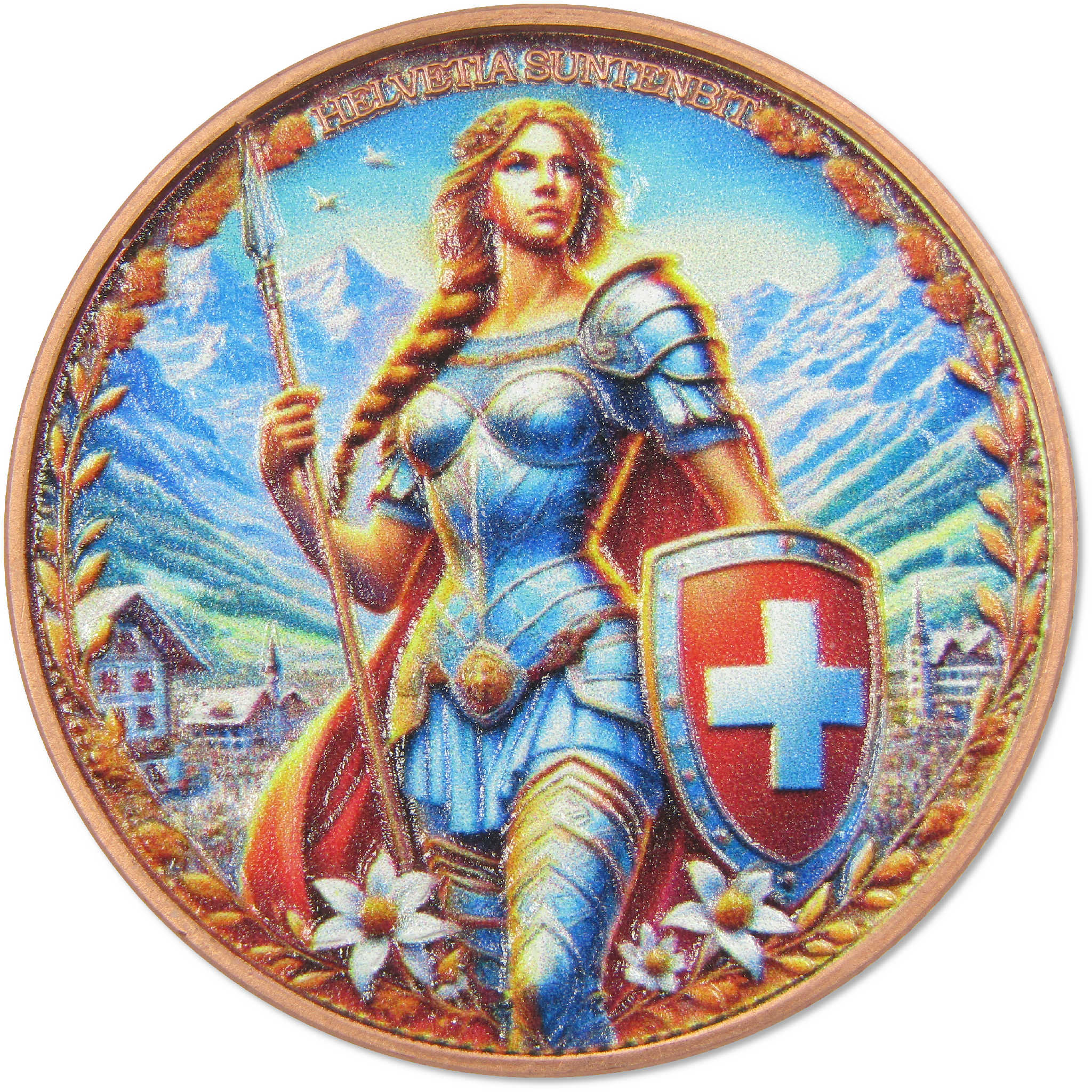 Swiss Helvetia Suntenbit 1 oz .999 Colorized Copper Round SKU:OPC219