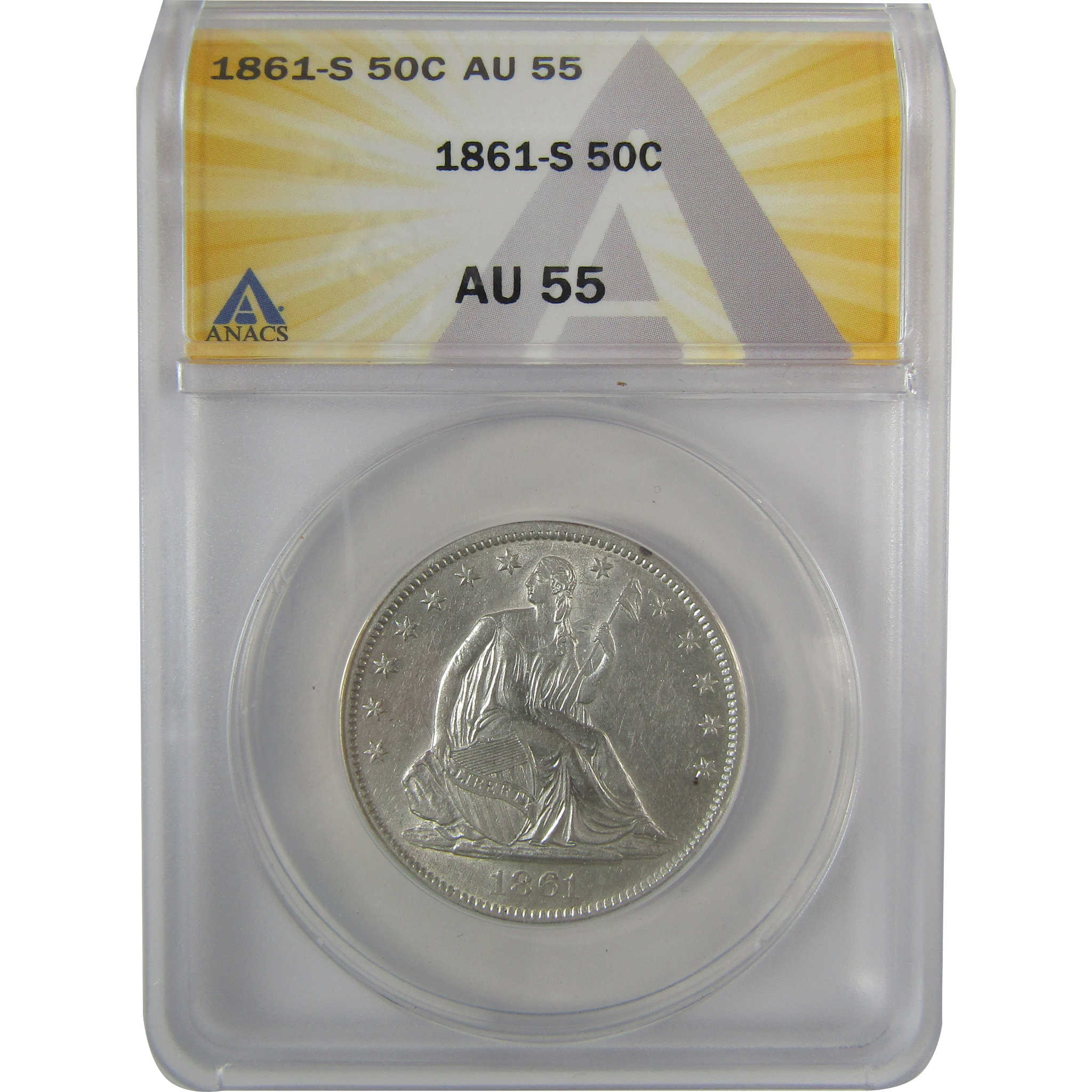 1861 S Seated Liberty Half Dollar AU 55 ANACS Silver SKU:I22554