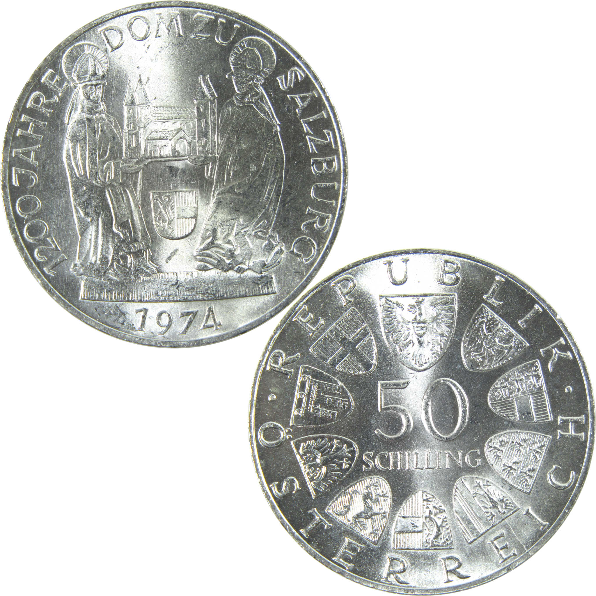 1974 Austria Salzburg Cathedral 50 Schilling Uncirculated Silver Coin