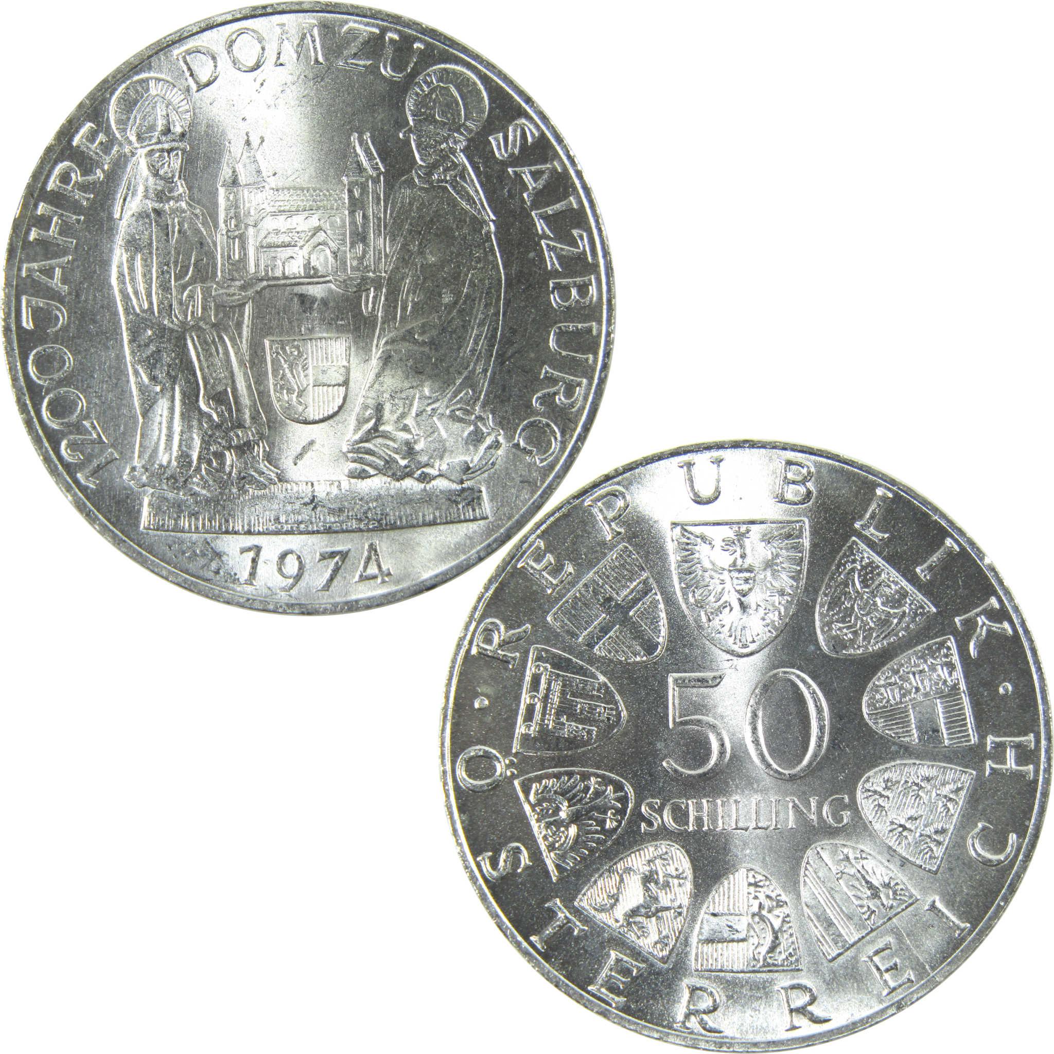 1974 Austria Salzburg Cathedral 50 Schilling Uncirculated Silver Coin