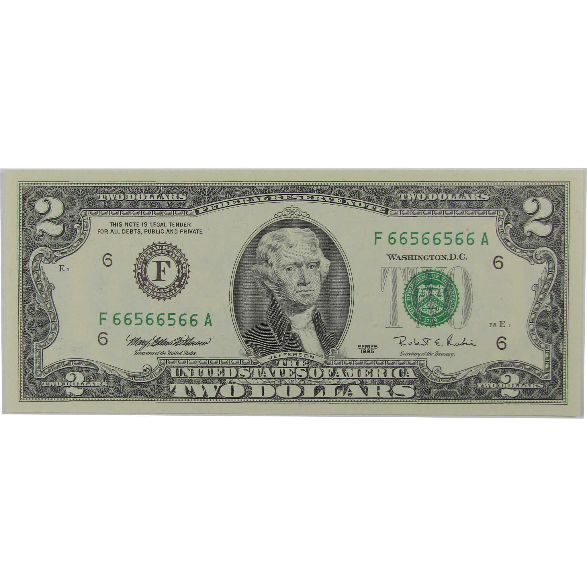 1995 $2 Federal Reserve Binary Radar Note Choice Crisp Uncirculated