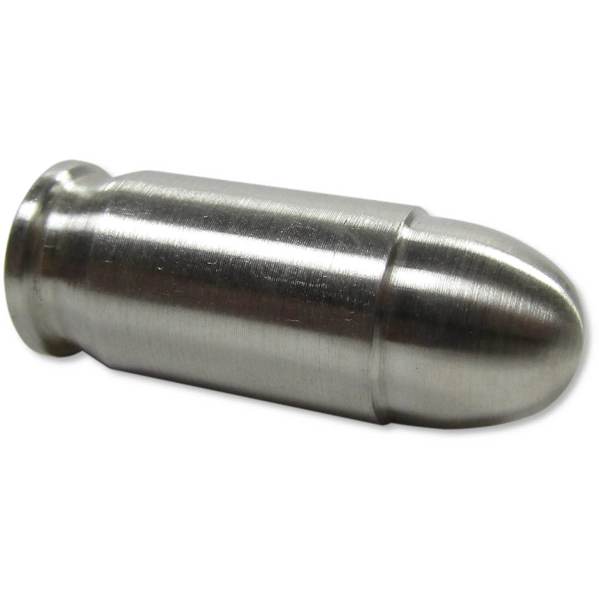 Shiny silver bullet-shaped metallic collectible coin on white background