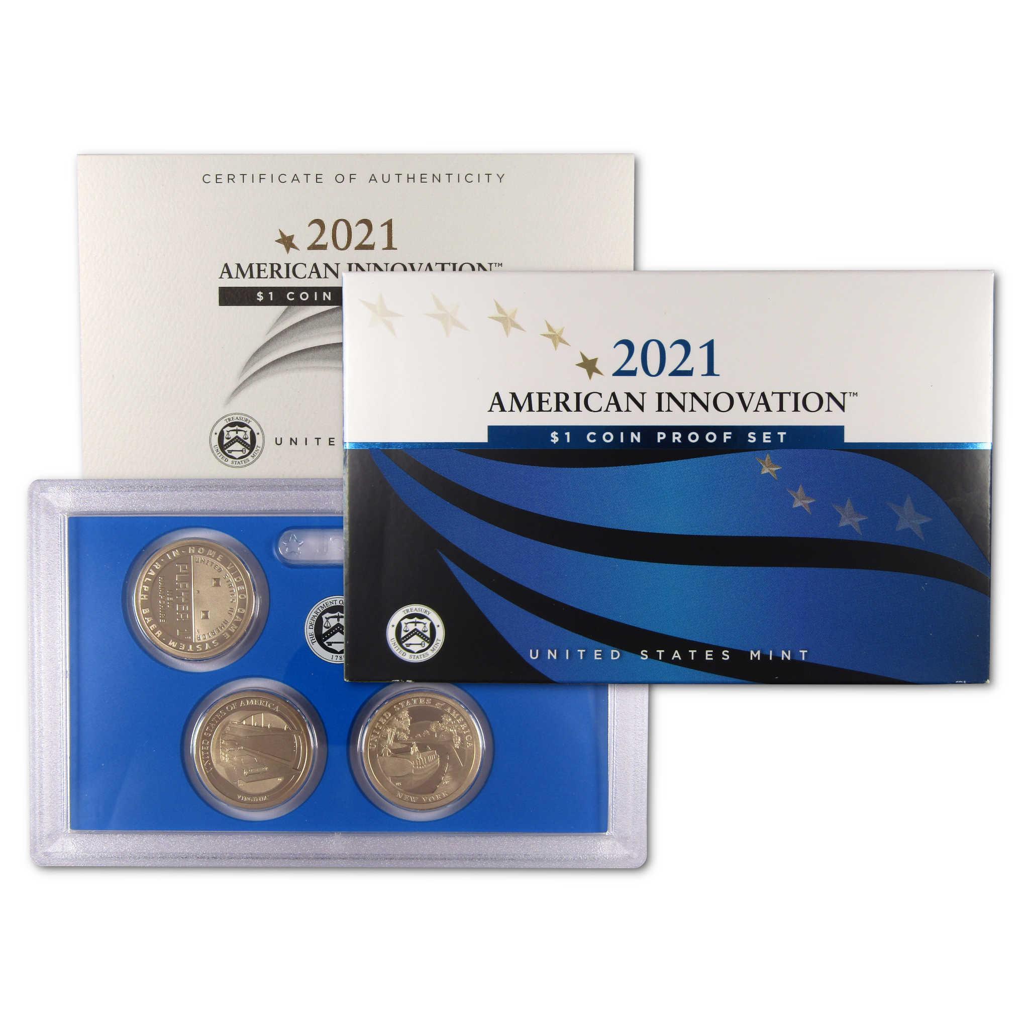 2021 American Innovation $1 coin proof set with certificate of authenticity and coins displayed