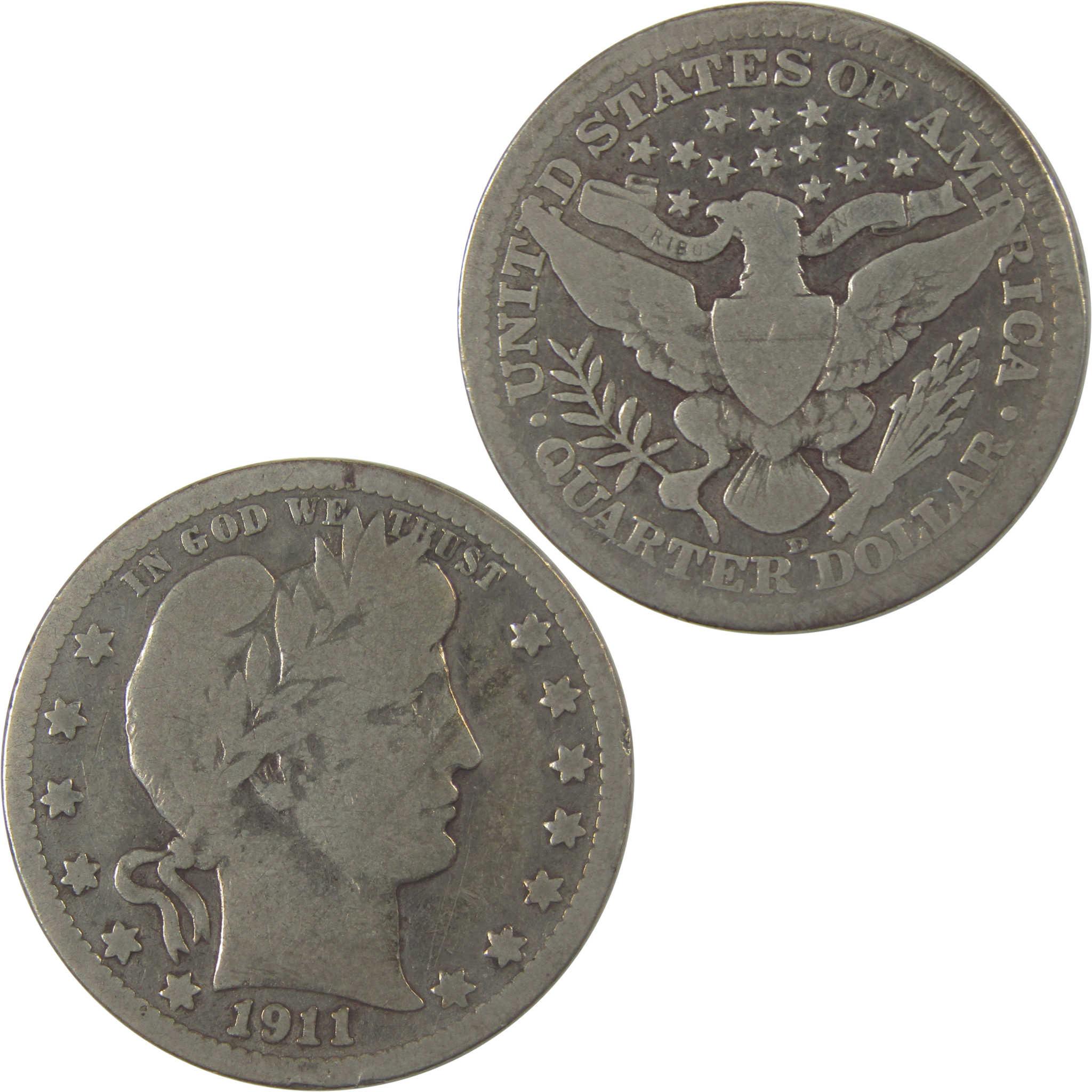 1911 D Barber Silver Quarter VG Very Good 25c Coin SKU:I25151
