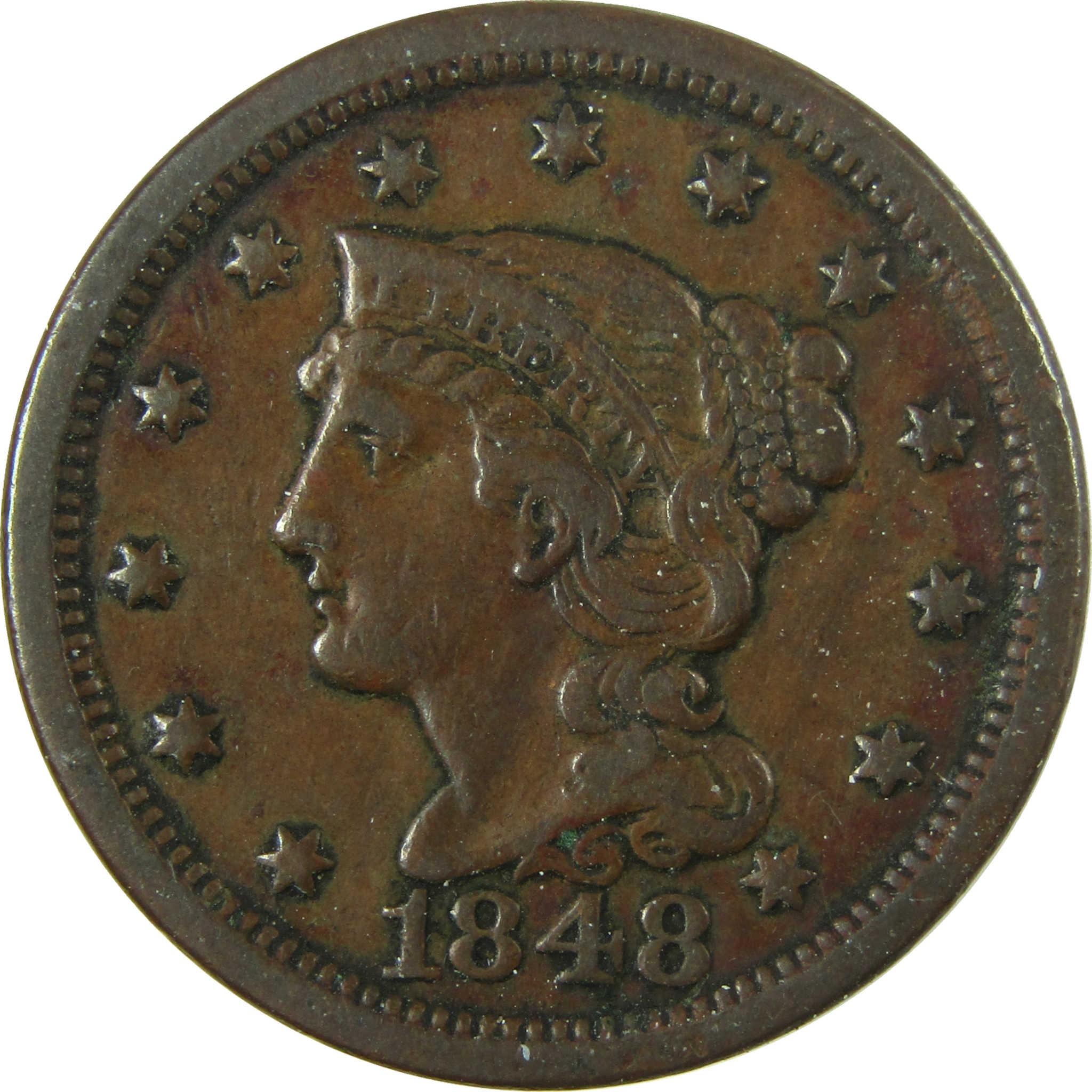 1848 Braided Hair Copper Large Cent F Fine Penny 1c Coin SKU:I27861