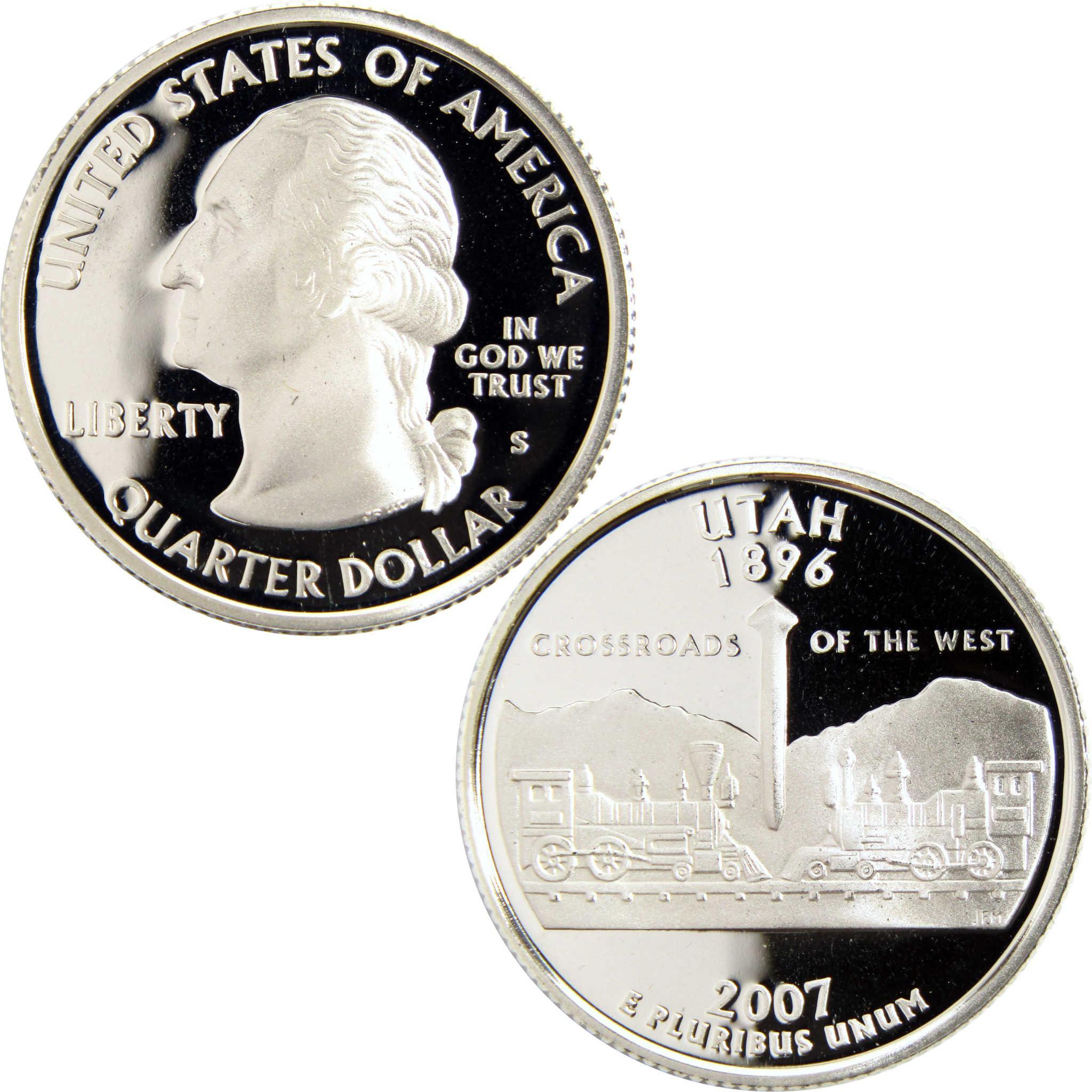 2007 Utah state quarter collectible coin with trains and the Golden Spike design