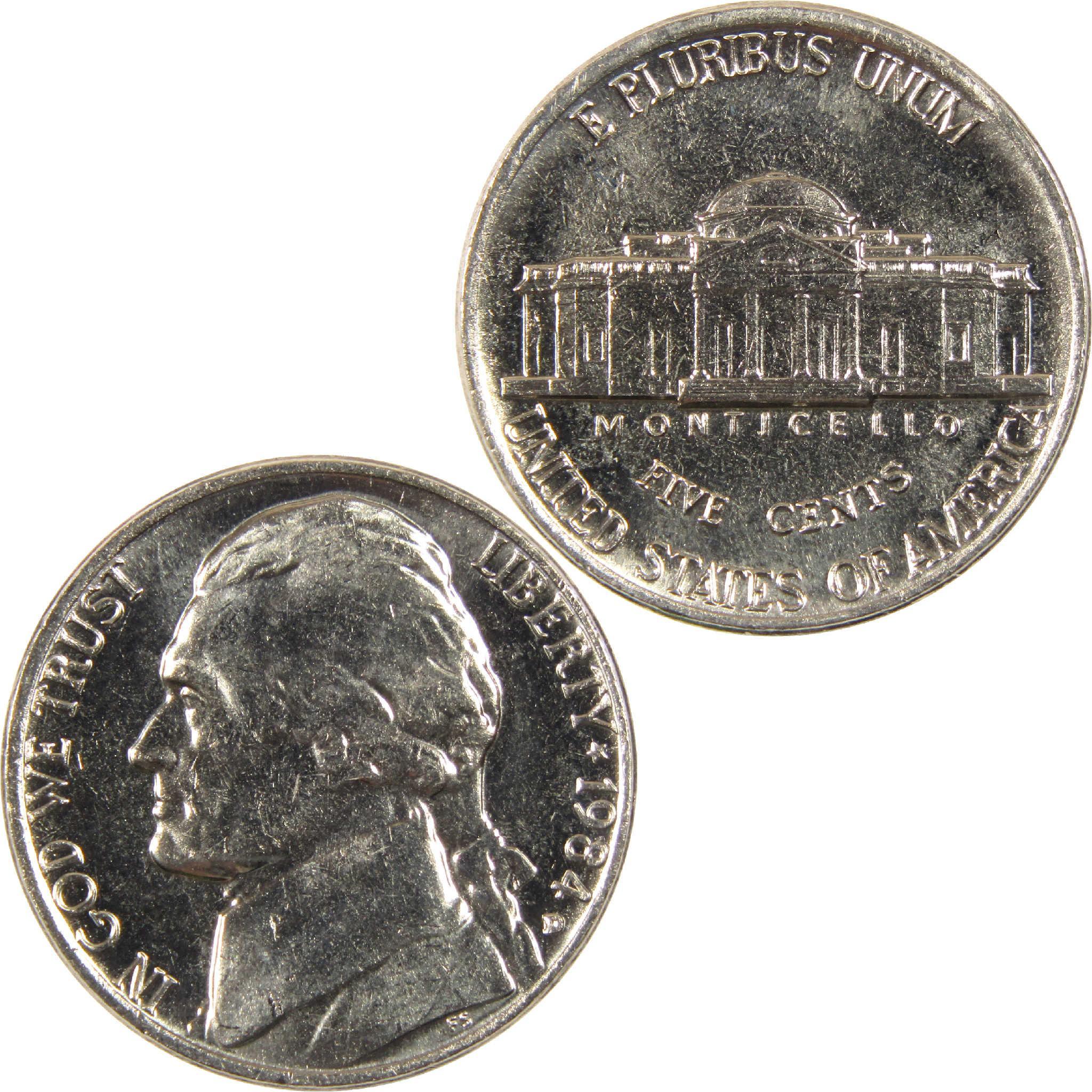 1984 Jefferson nickel coin, obverse with portrait, reverse with Monticello building