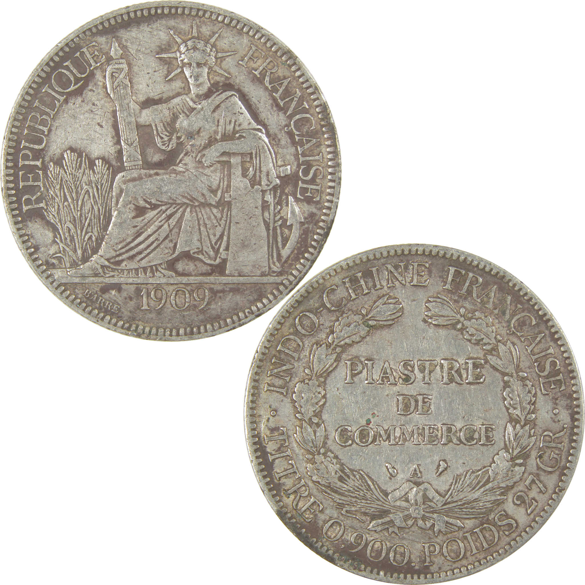 1895-1928 Type 2 French Indochina Silver Piastre Circulated