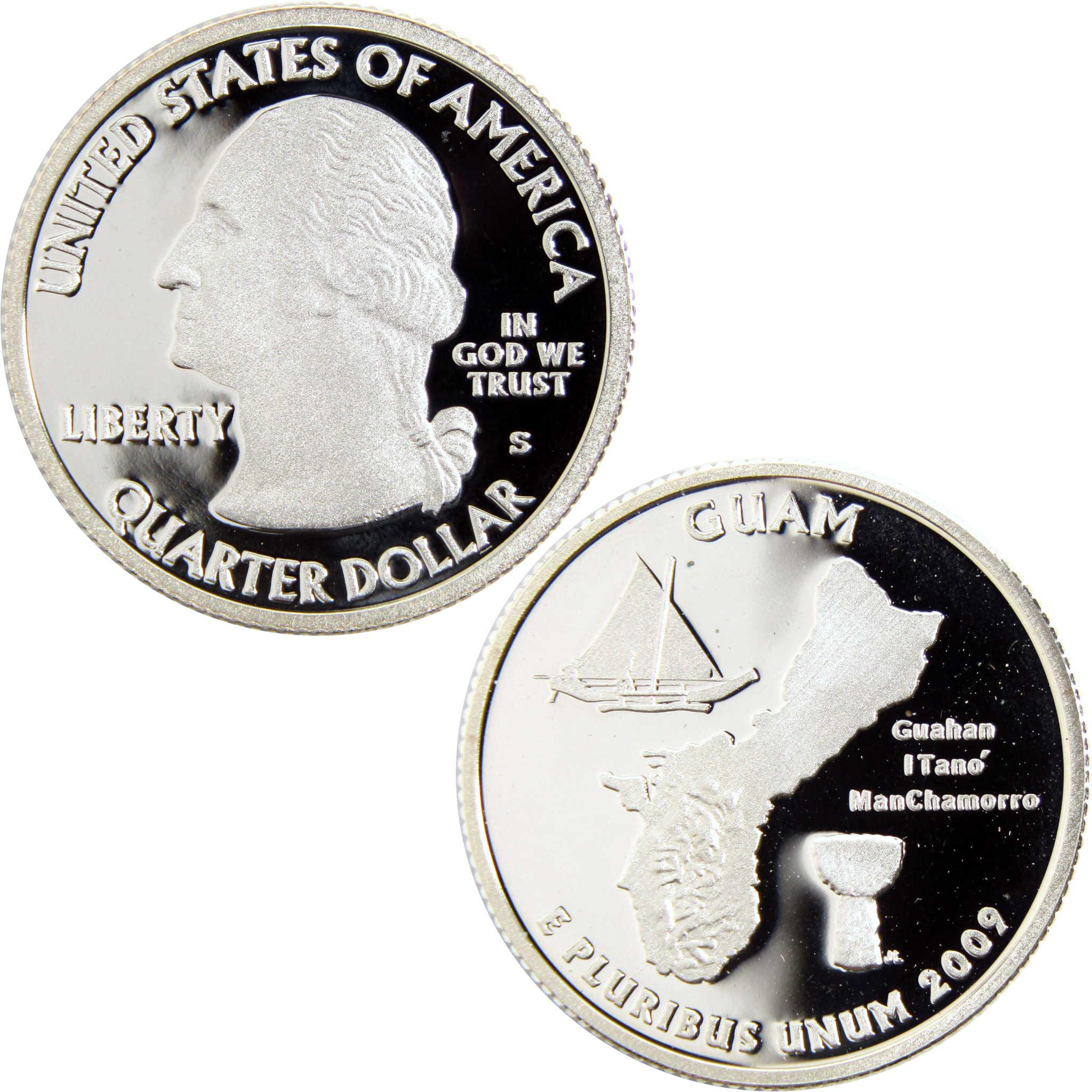 2009 Guam quarter dollar collectible coin, obverse with Washington portrait, reverse with Guam map and symbols.