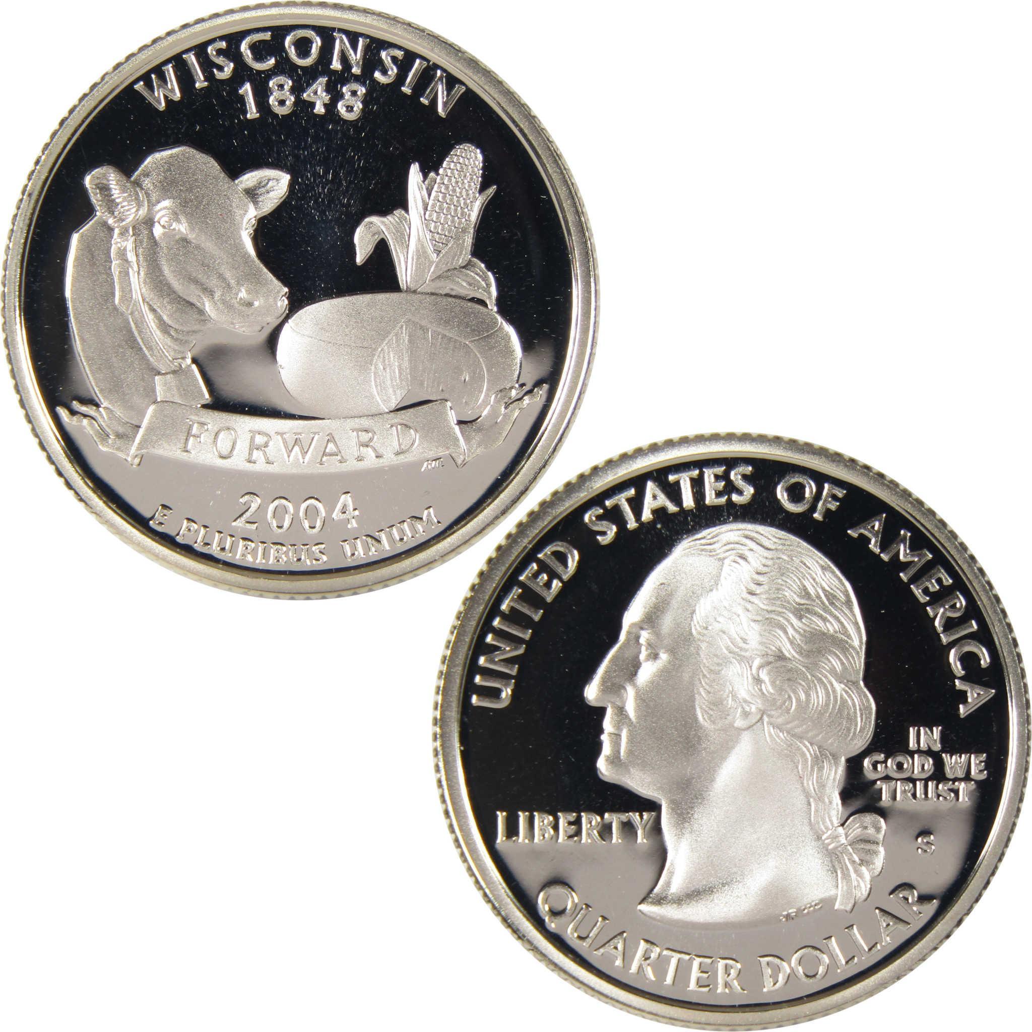 2004 Wisconsin state quarter dollar showing cow, cheese, and corn collectible coin