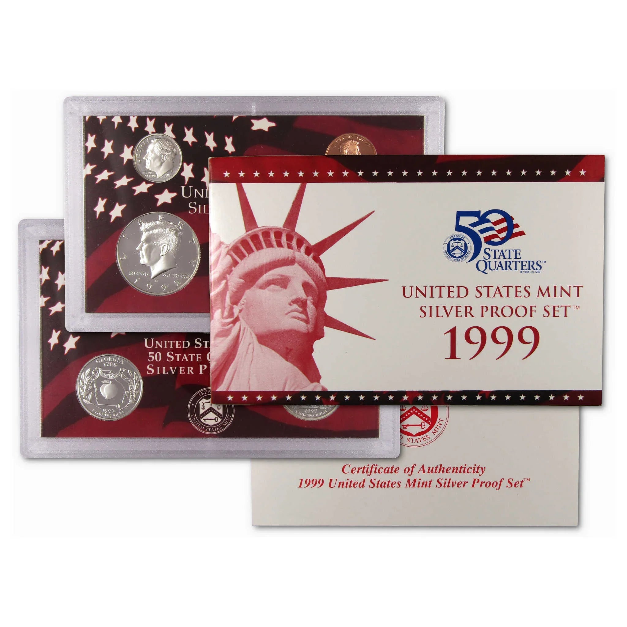 1999 United States Mint Silver Proof Set with coins, quarters, and certificate of authenticity