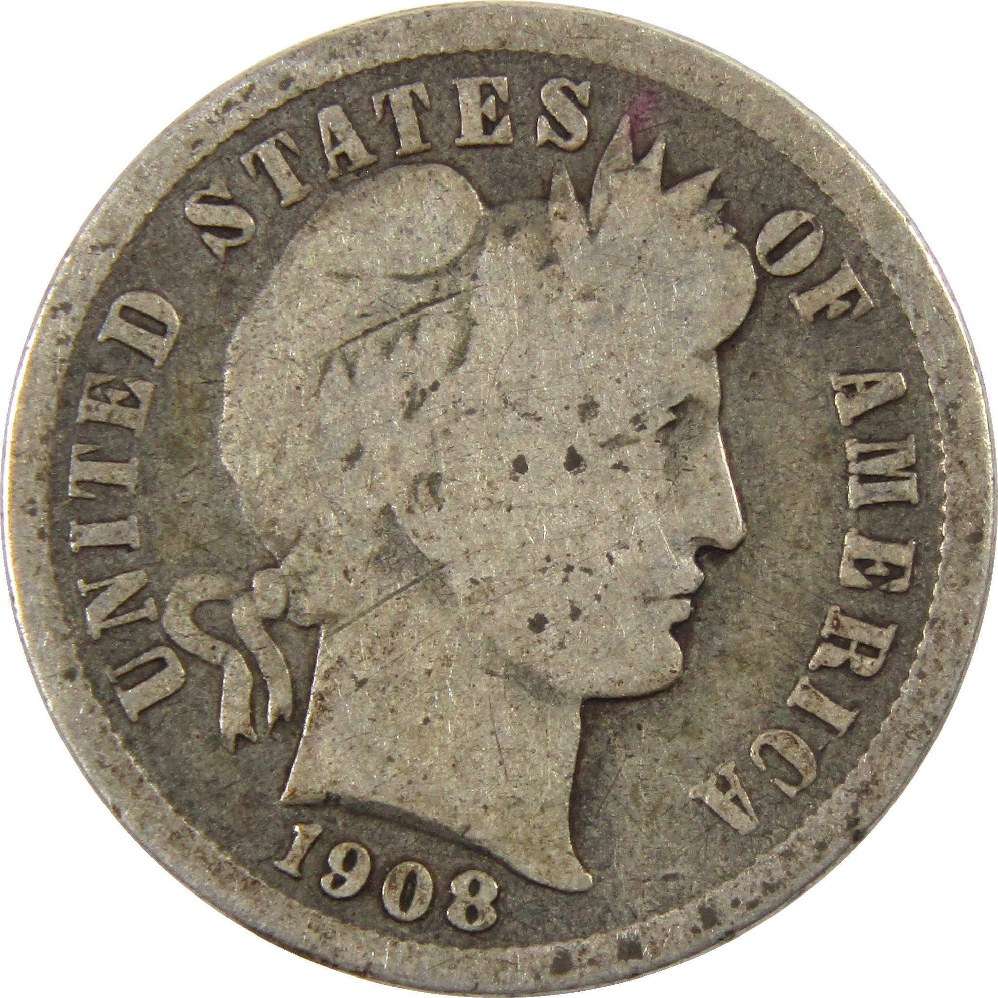 1908 Barber Dime Circulated Silver 10c Coin Collectible