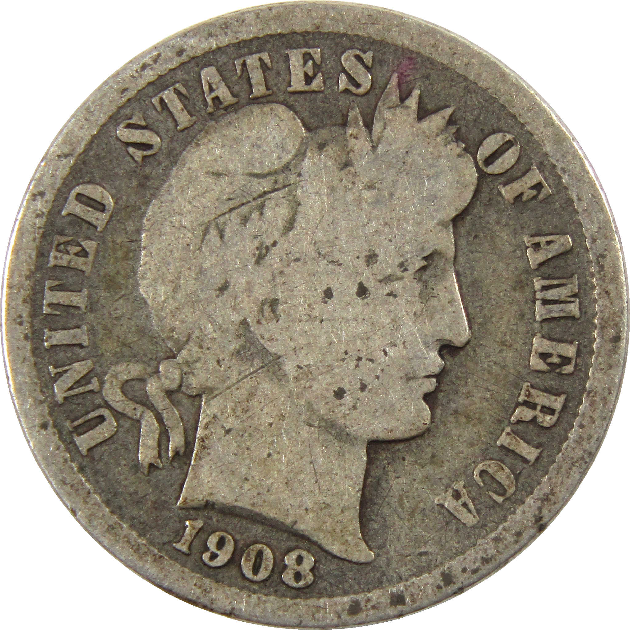 1908 Barber Dime Circulated Silver 10c Coin Collectible