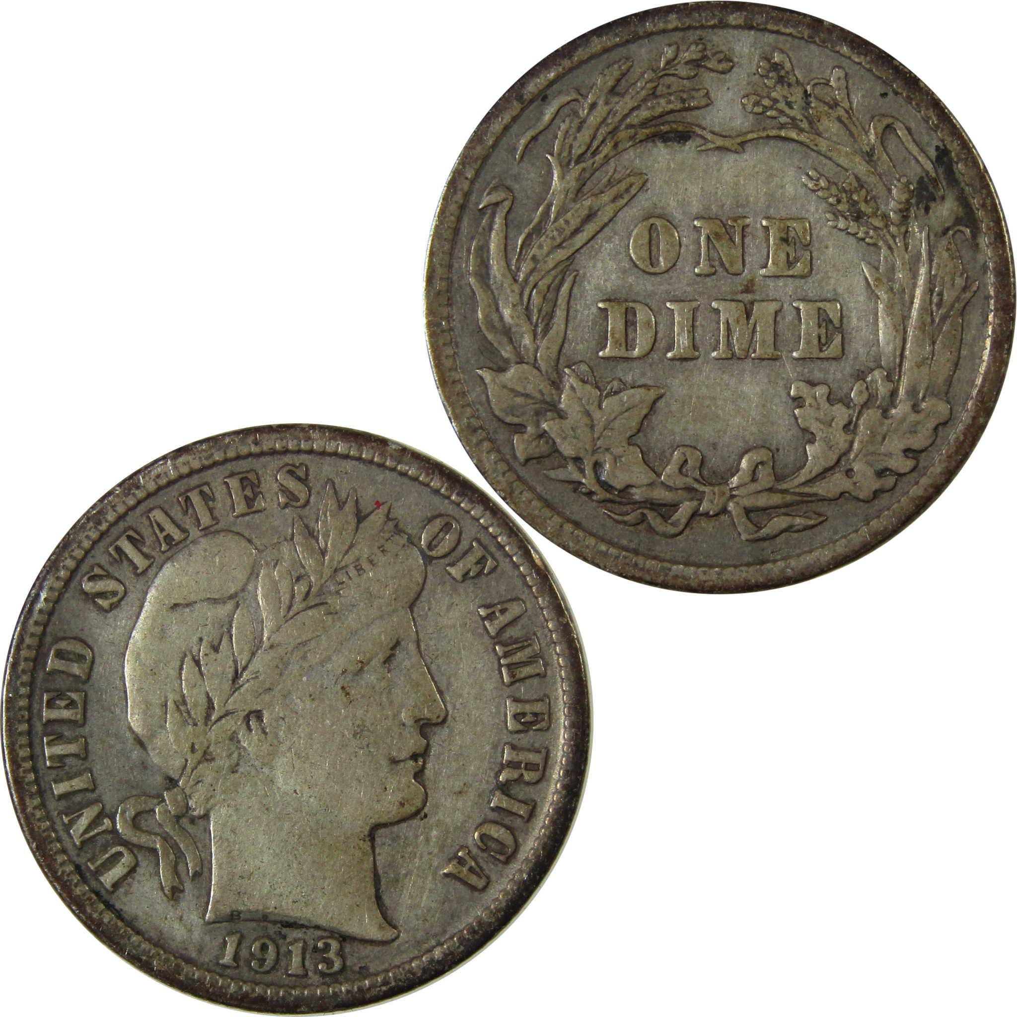 1913 Barber Silver Dime F Fine Details 10c Coin Collectible SKU:CP970