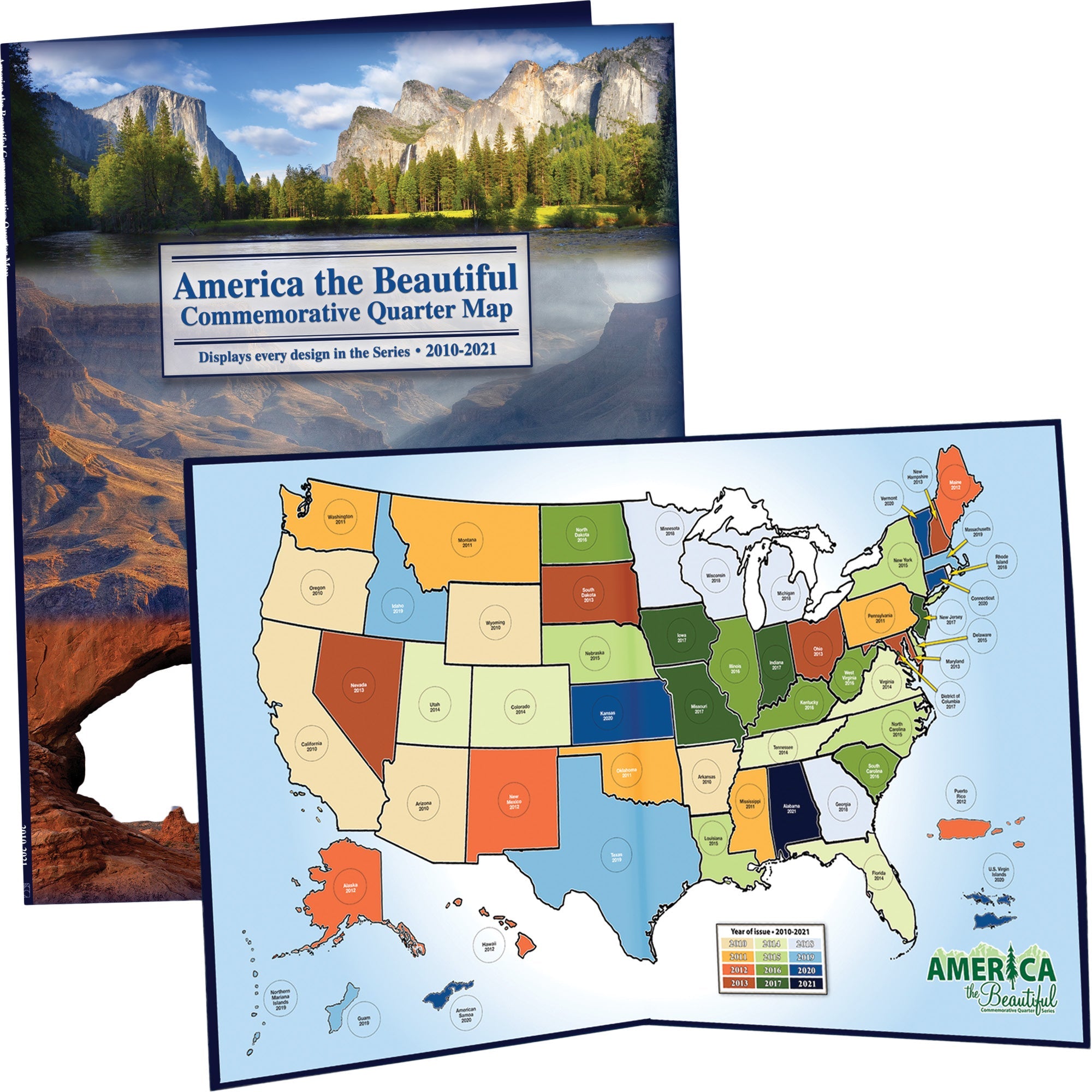 2010-2021 America's National Park Quarter Series Colorful Map Folder