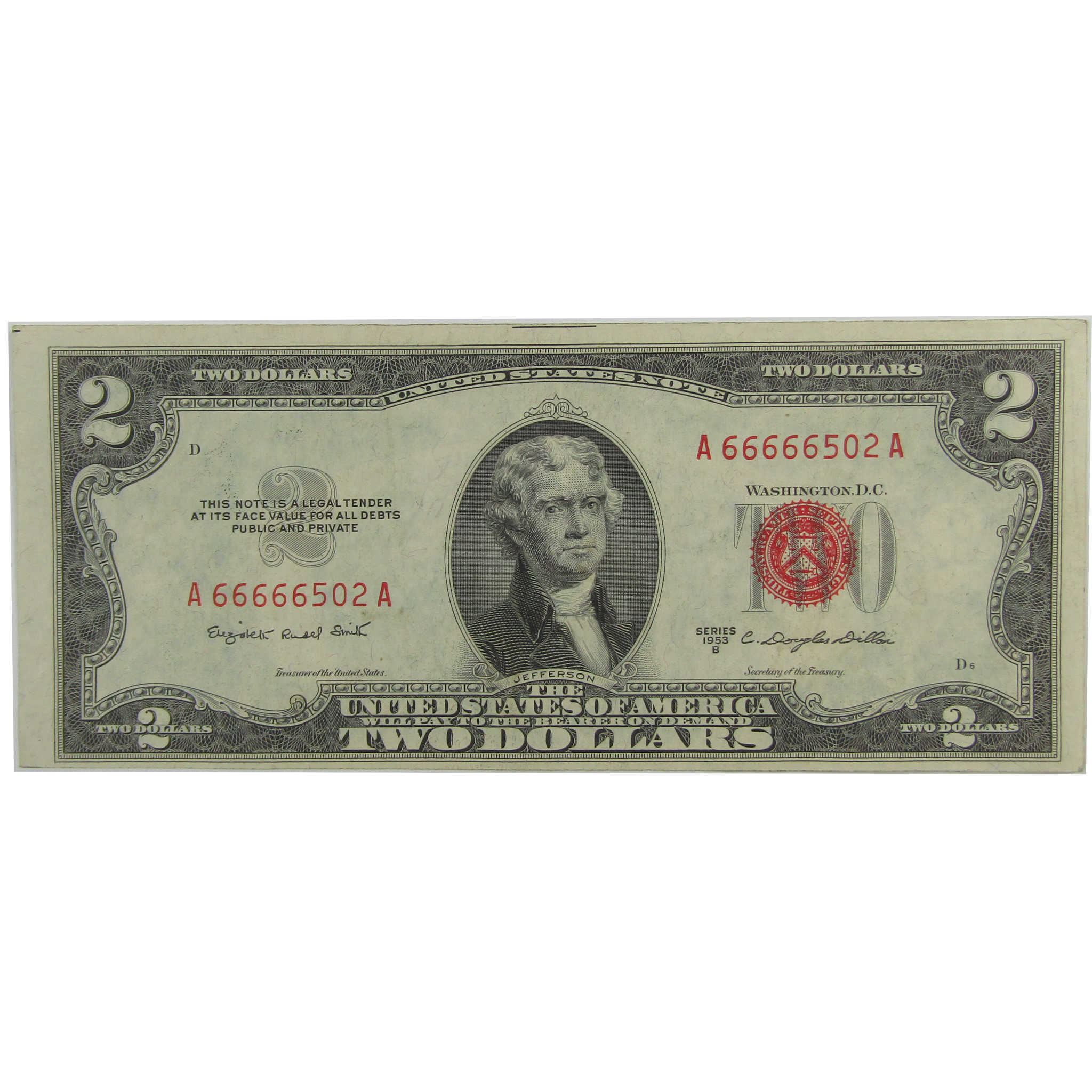 1953 B $2 Legal Tender Note Very Fine Serial Block Starts w/ Five 6's