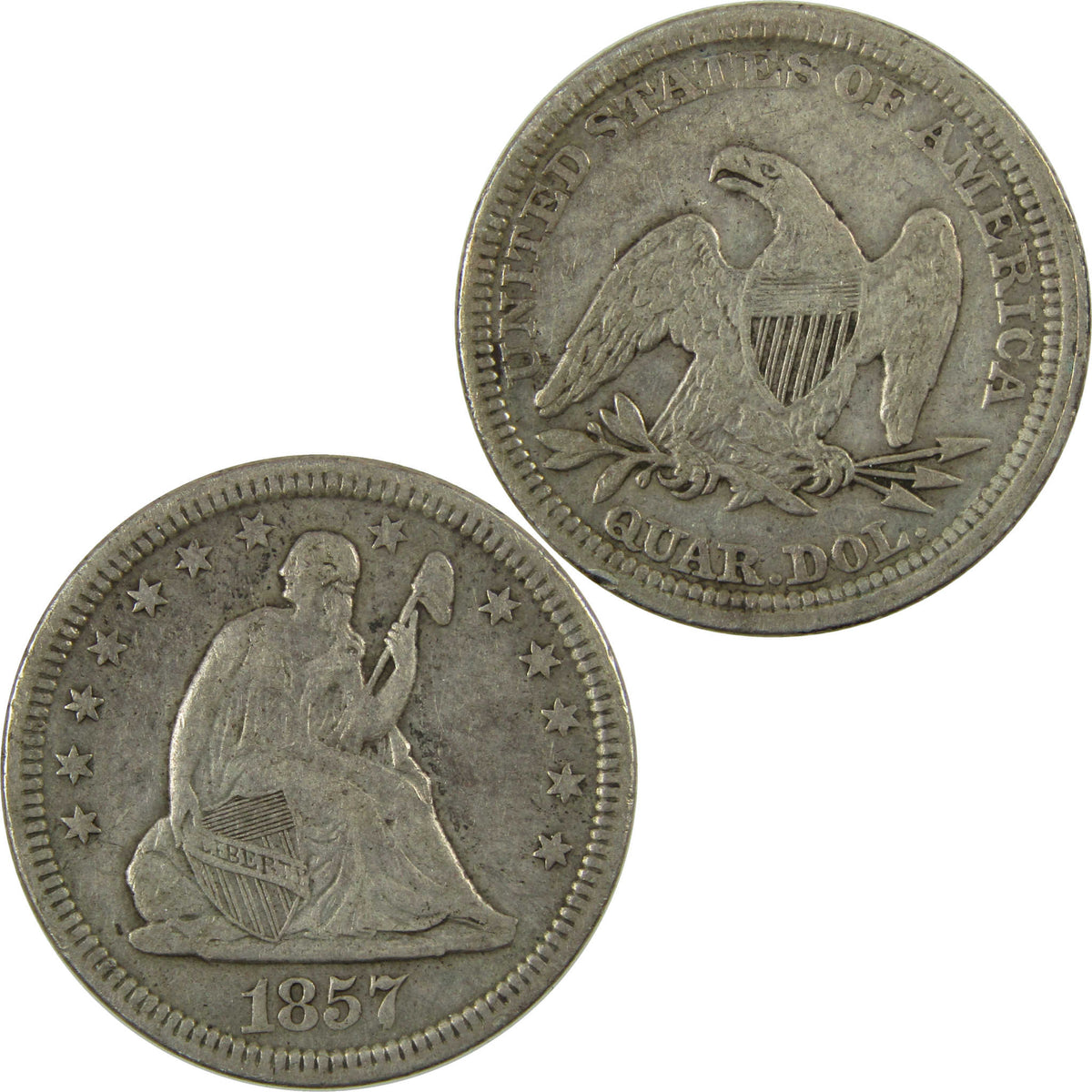 1857 Seated Liberty Silver Quarter VF Very Fine 25c Coin SKU:CP1706