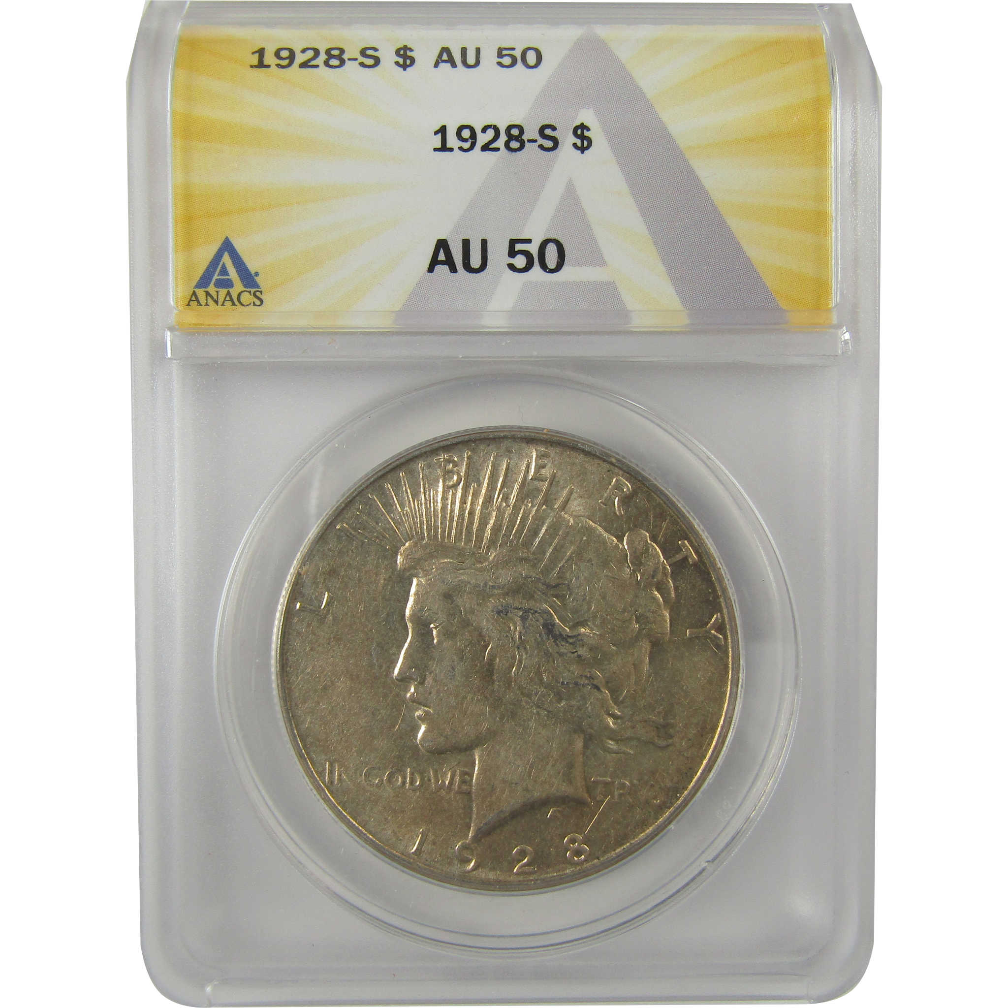 1928 S Peace Dollar AU 50 ANACS Silver $1 Coin SKU:I21503