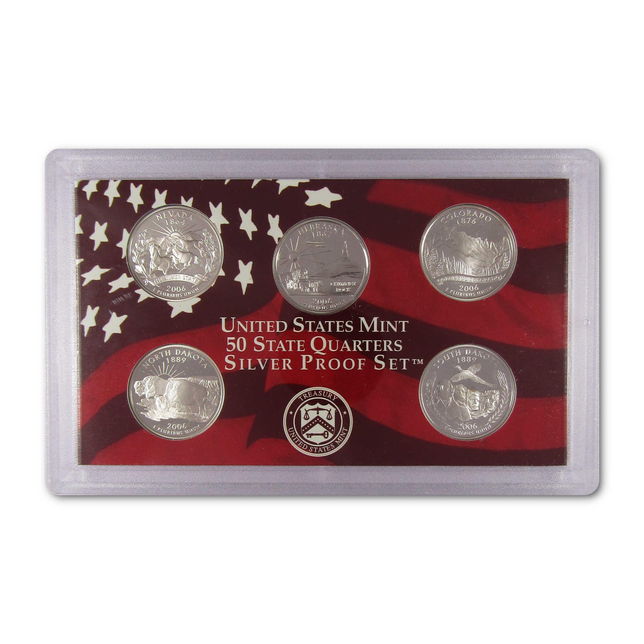 United States Mint 50 State Quarters Silver Proof Set with five collectible coins in display case