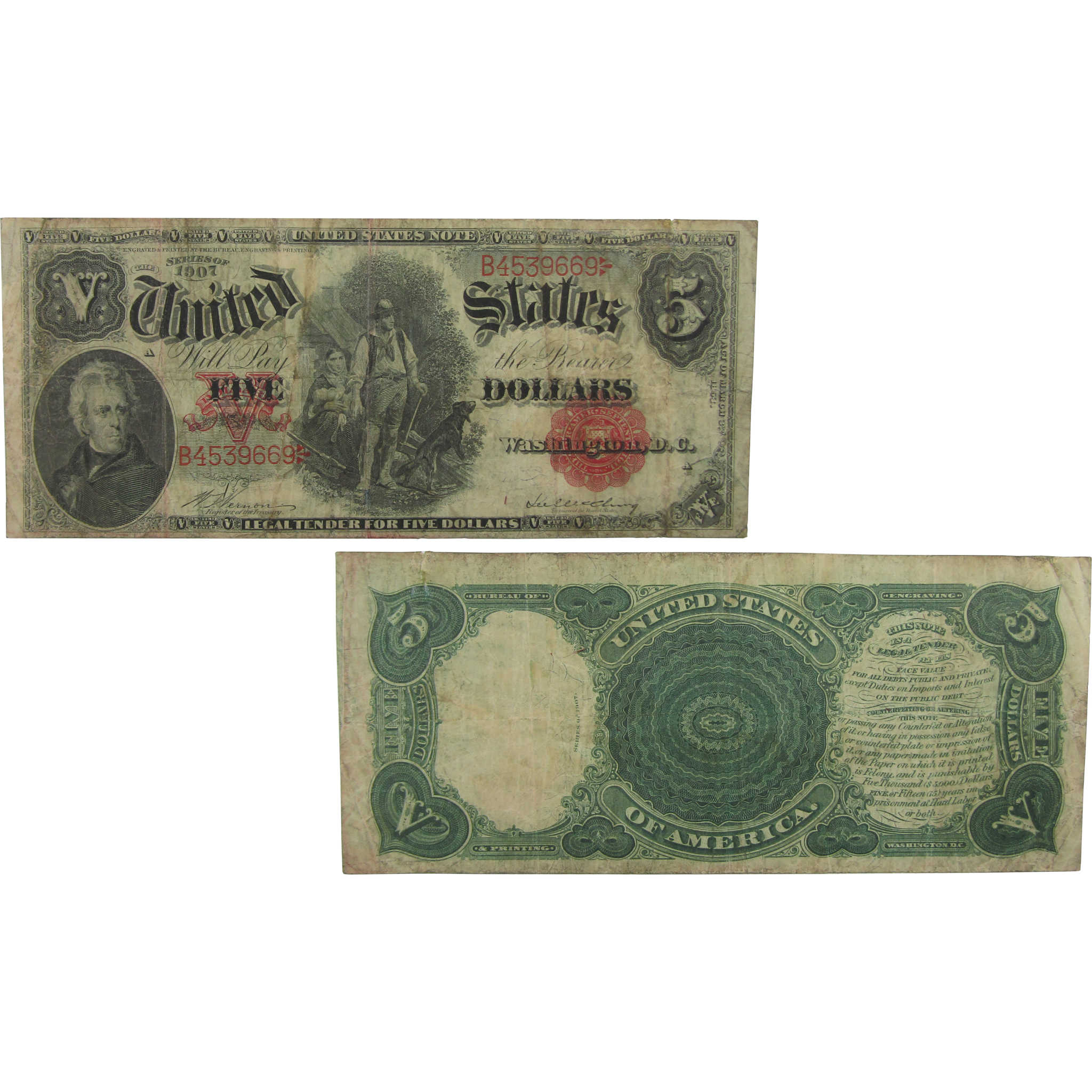 1907 $5 Large Size Legal Tender Note G/VG Good / Very Good SKU:I22448