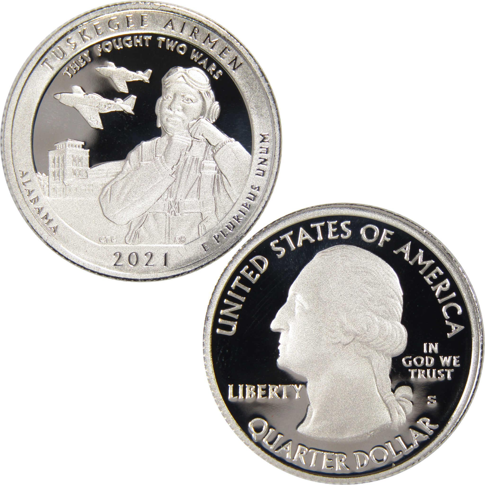 2021 Tuskegee Airmen commemorative quarter, collectible U.S. coin with pilot and planes.