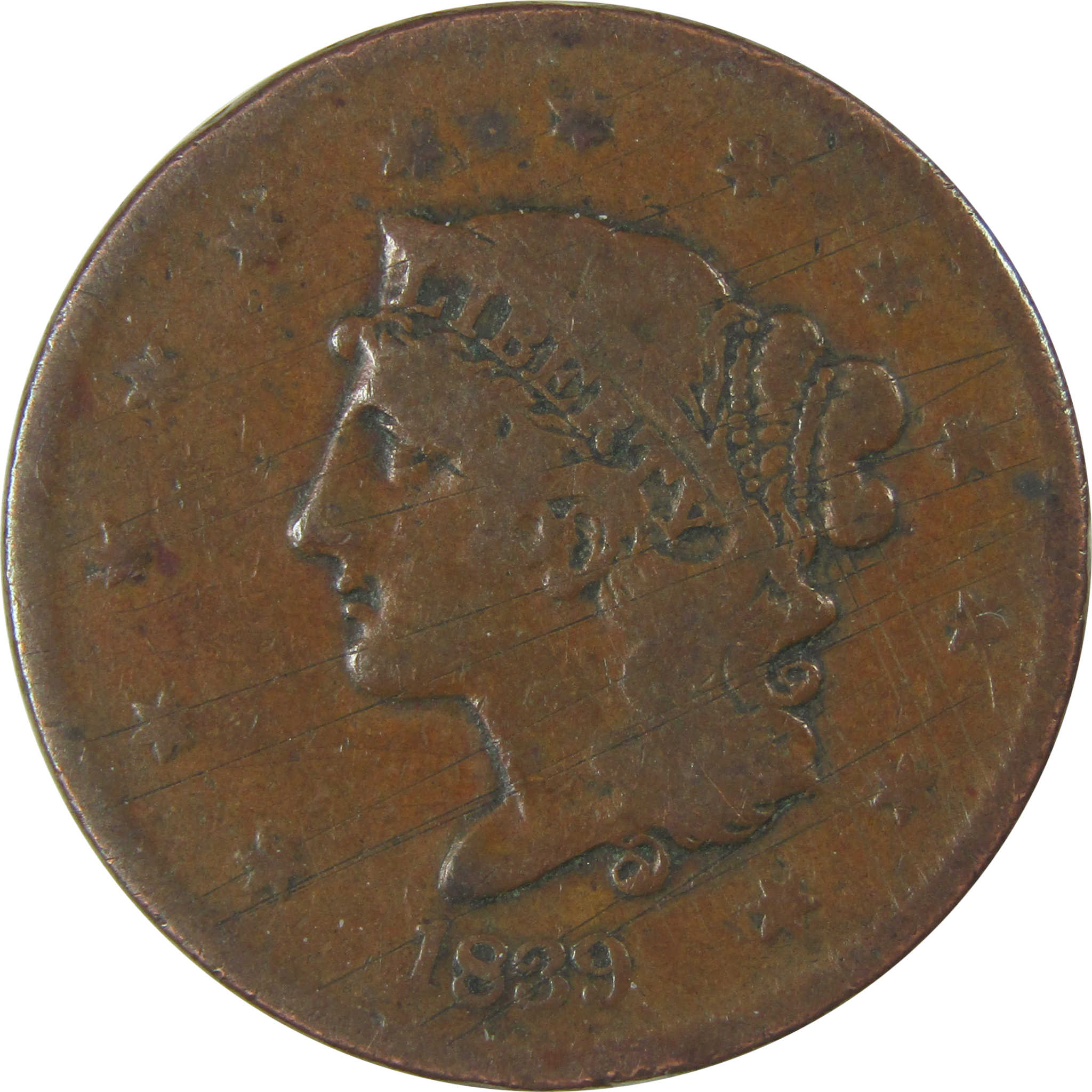 1839 Booby Head Coronet Head Copper Large Cent VG Very Good SKU:I23886
