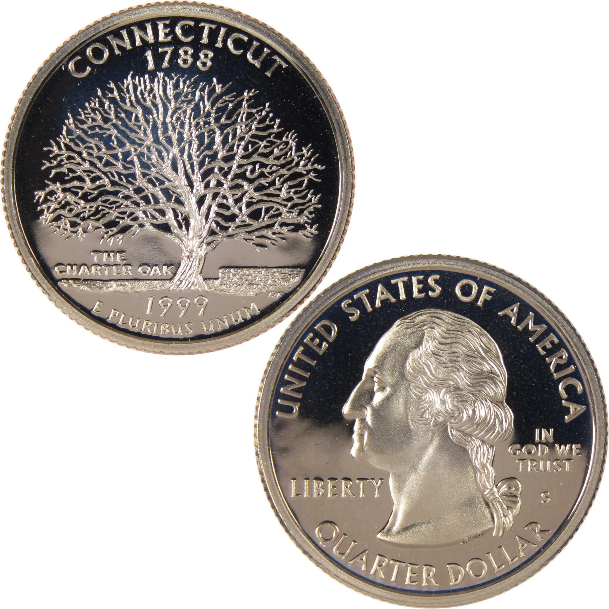 Connecticut 1999 silver proof state quarter with George Washington and Charter Oak tree