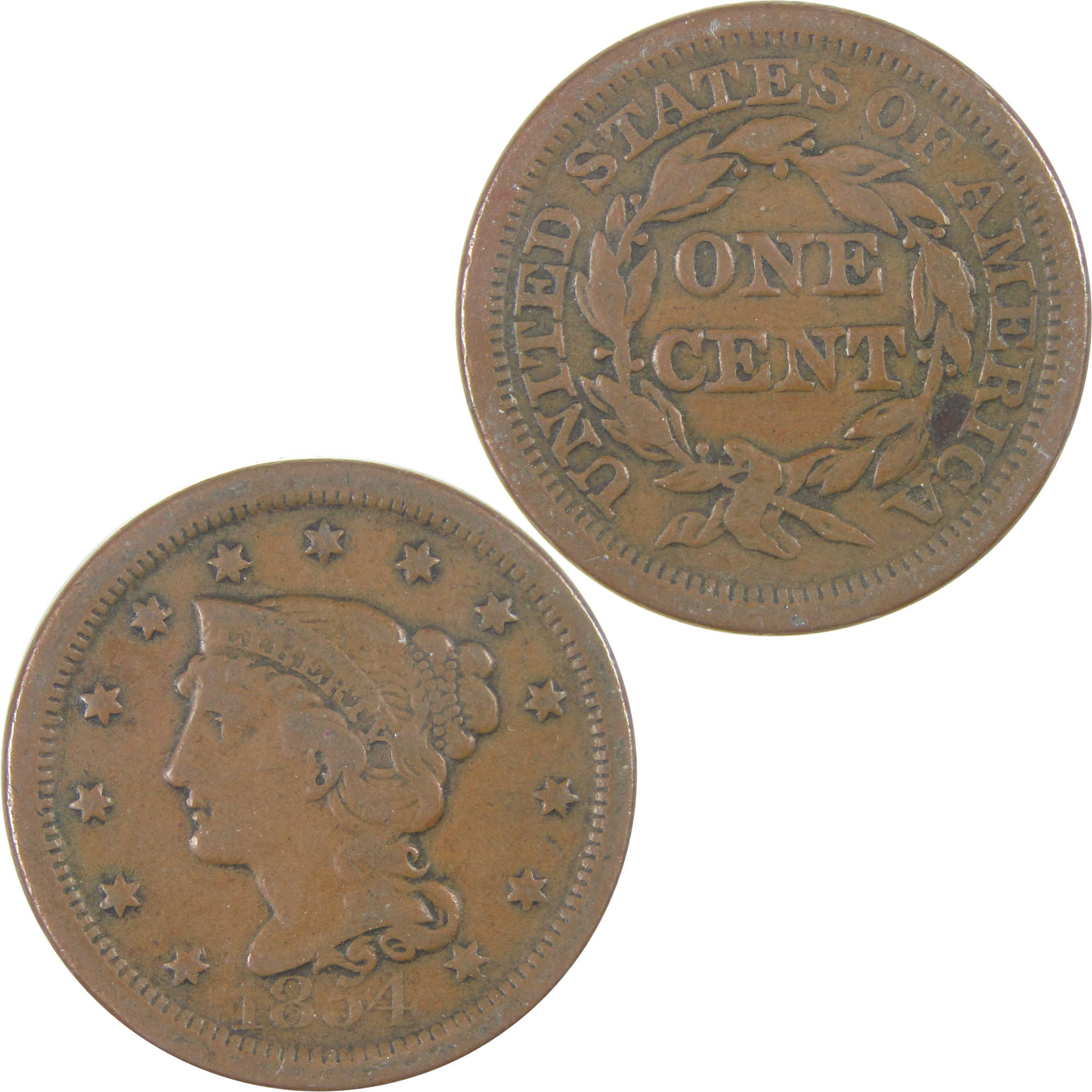 1854 Braided Hair Large Cent F Fine Copper Penny 1c Coin SKU:I16961