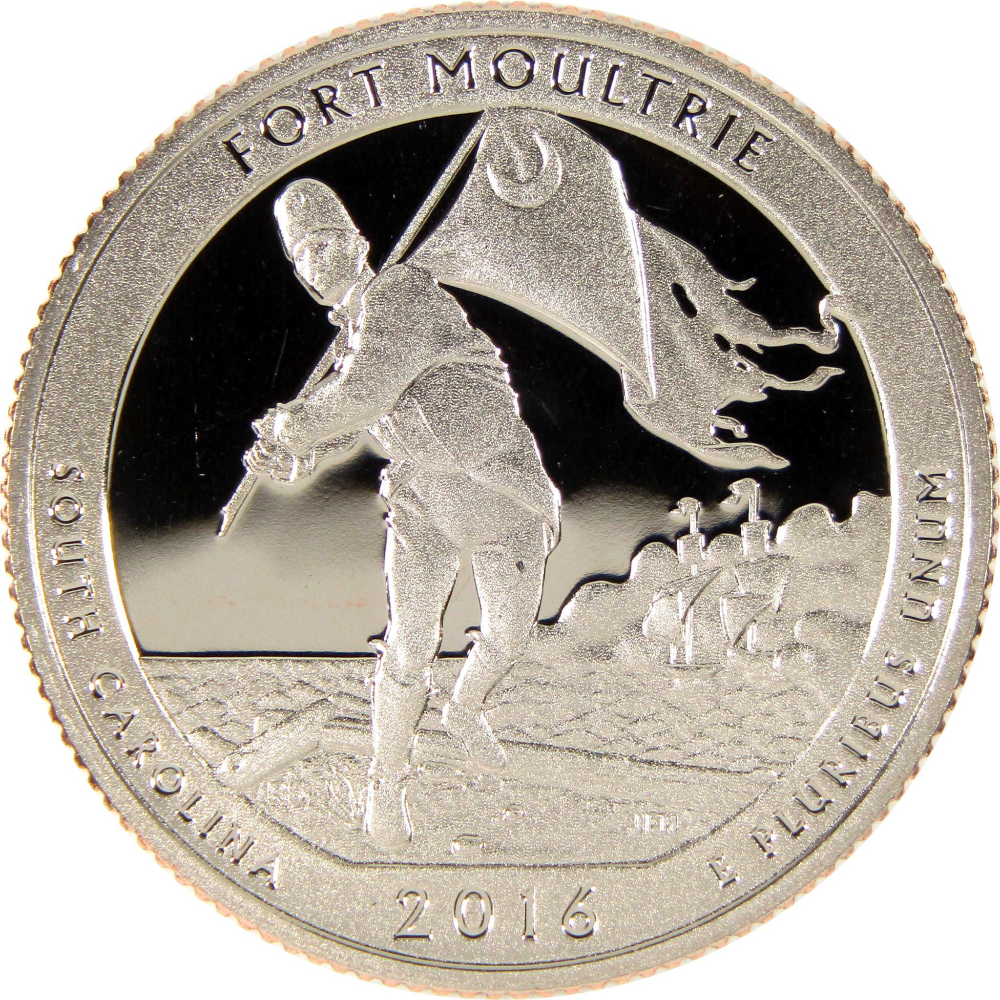 2016 Fort Moultrie South Carolina quarter showing a soldier with flag and historic ship