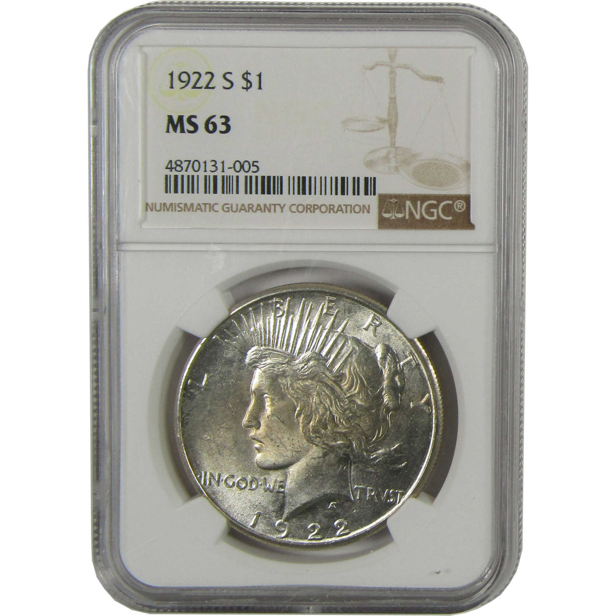 1922 S Peace Silver Dollar MS 63 NGC Uncirculated $1 Coin Collectible
