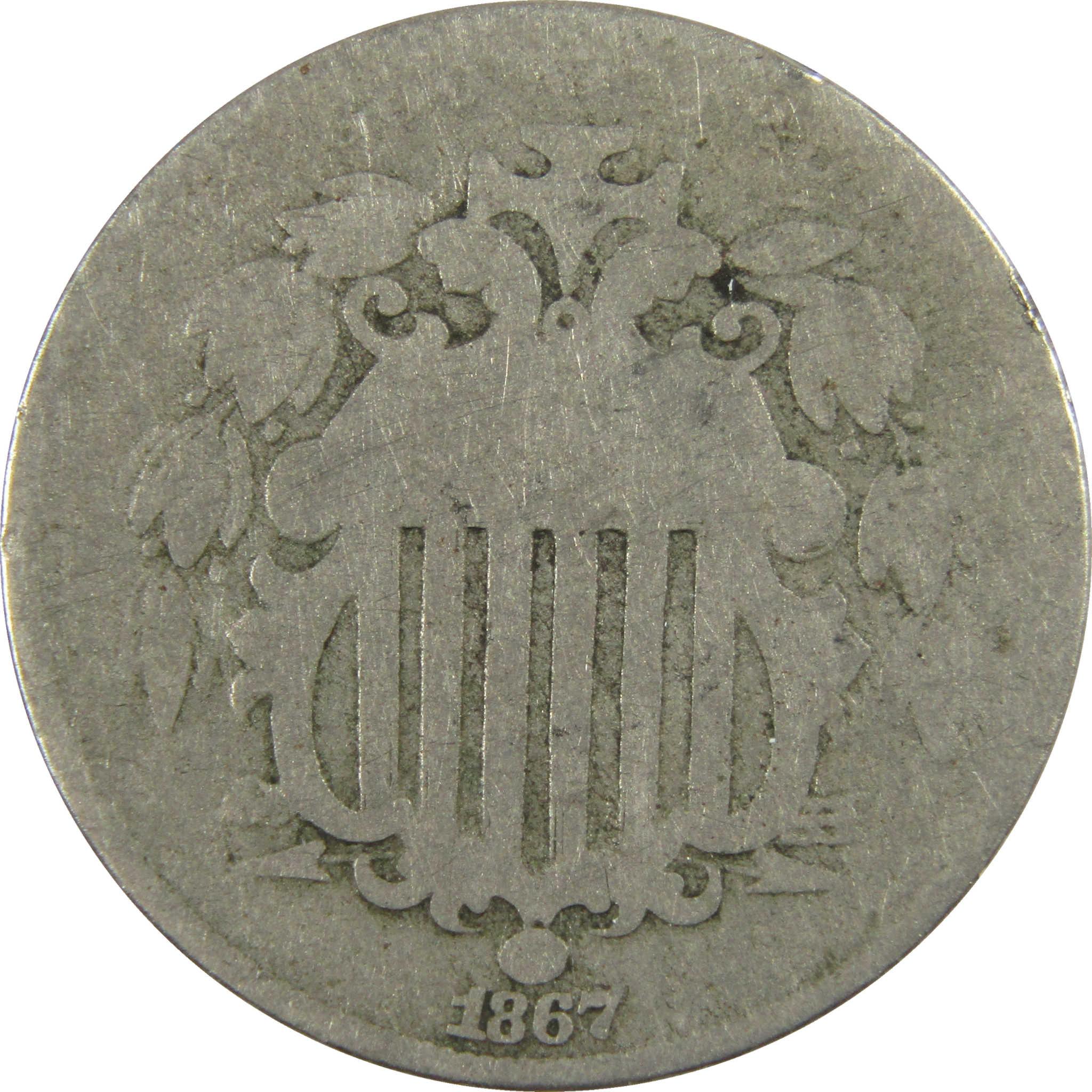 1867 No Rays Shield Nickel AG About Good 5c Coin SKU:I28221