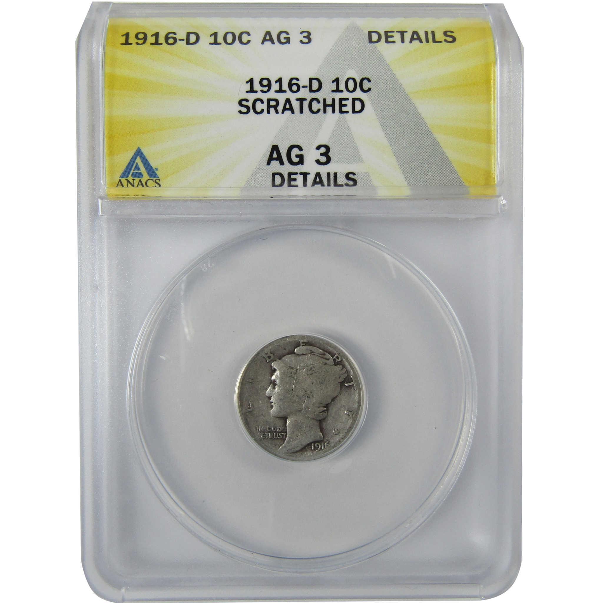 1916 D Mercury Silver Dime AG 3 Details ANACS 10c Coin SKU:CP636
