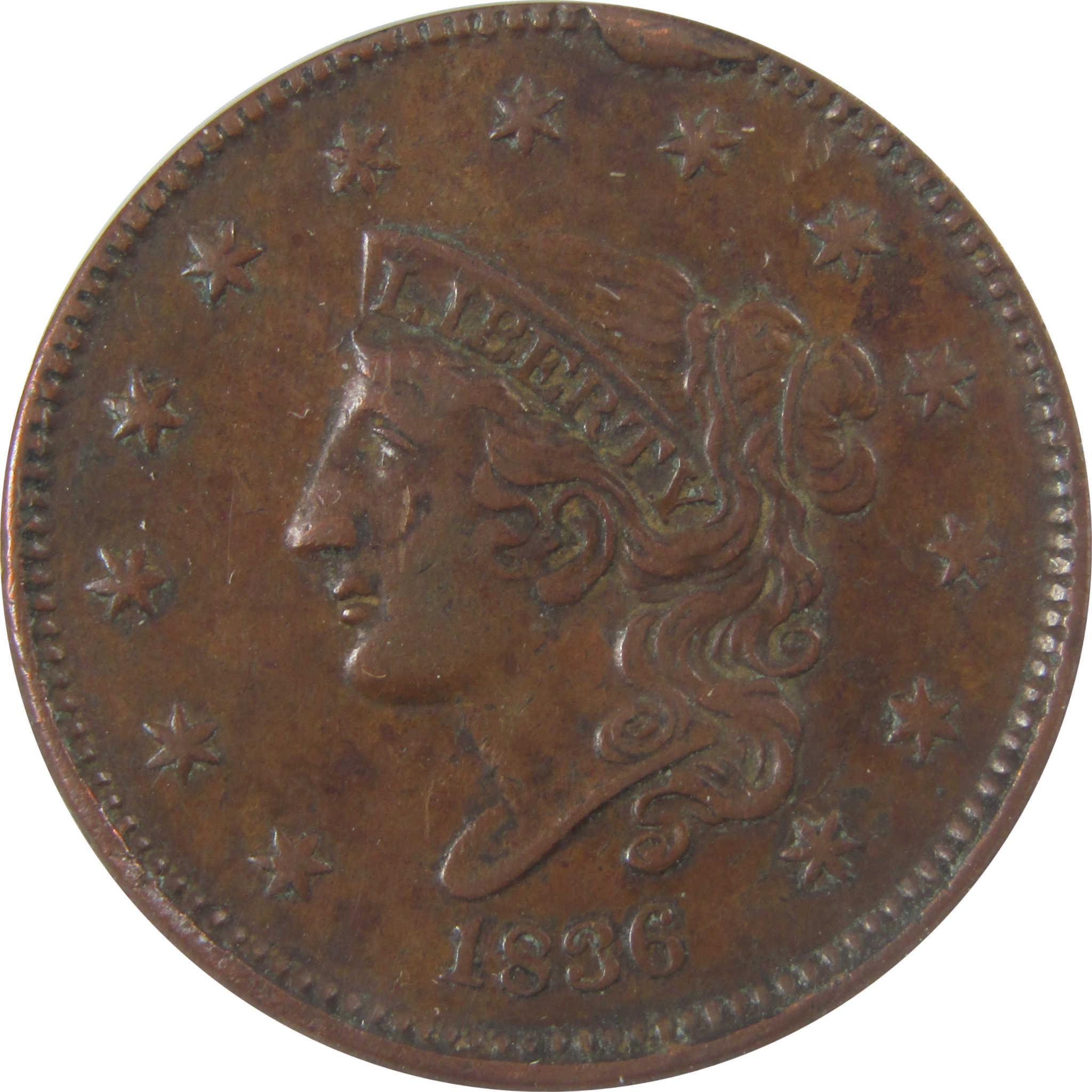 1836 Coronet Head Copper Large Cent EF 45 Details ANACS SKU:I24451
