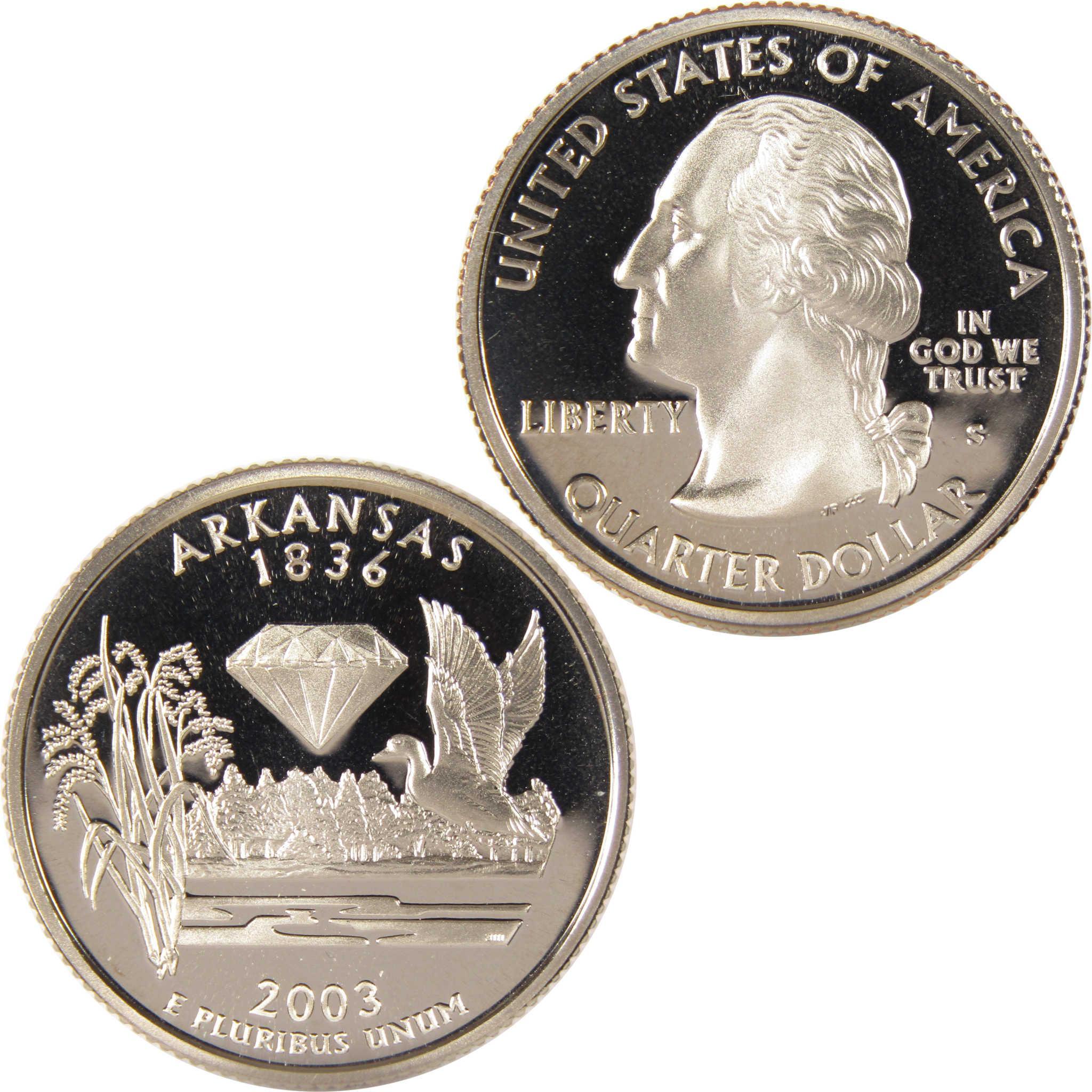 2003 Arkansas state quarter, collectible coin with diamond, duck, and reeds design