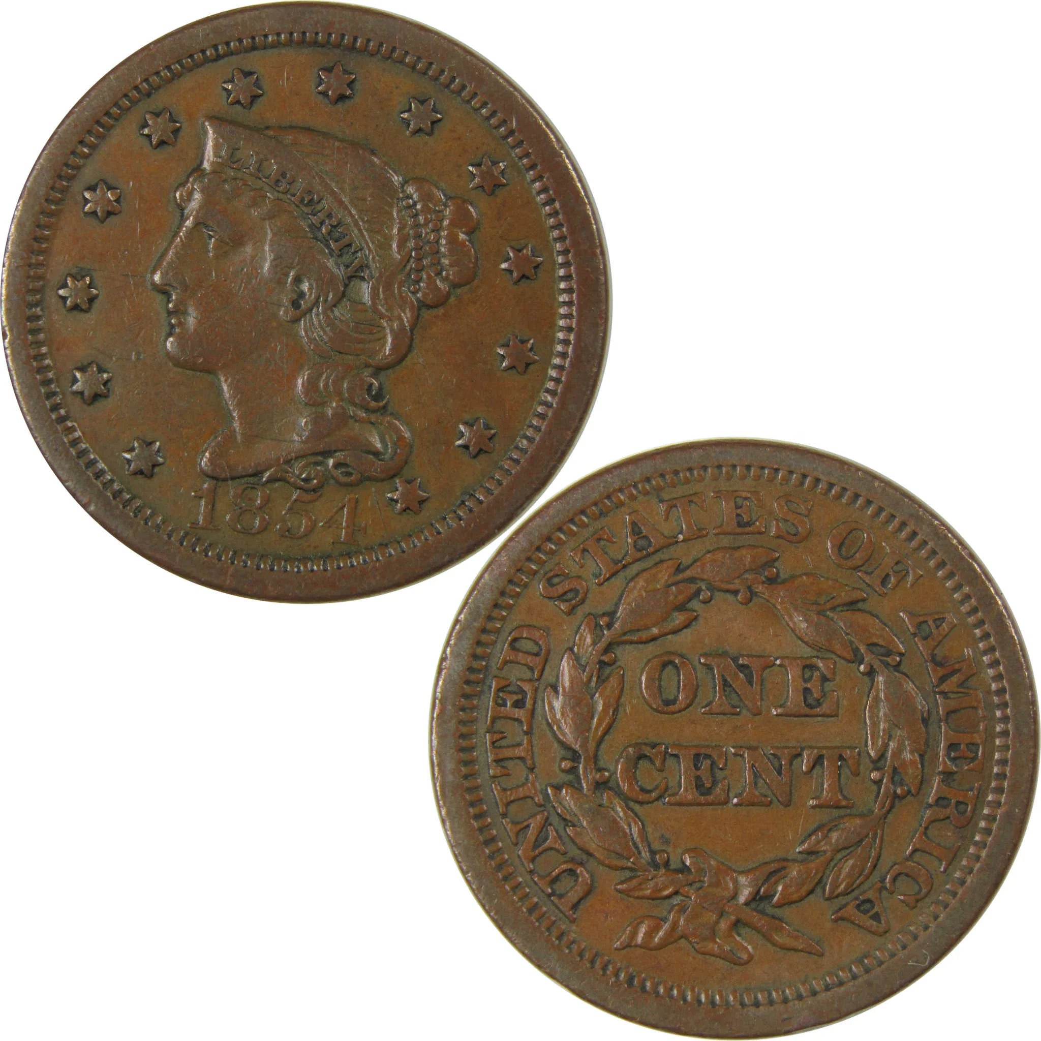 1854 Braided Hair Copper Large Cent XF EF Penny 1c Coin SKU:I23980