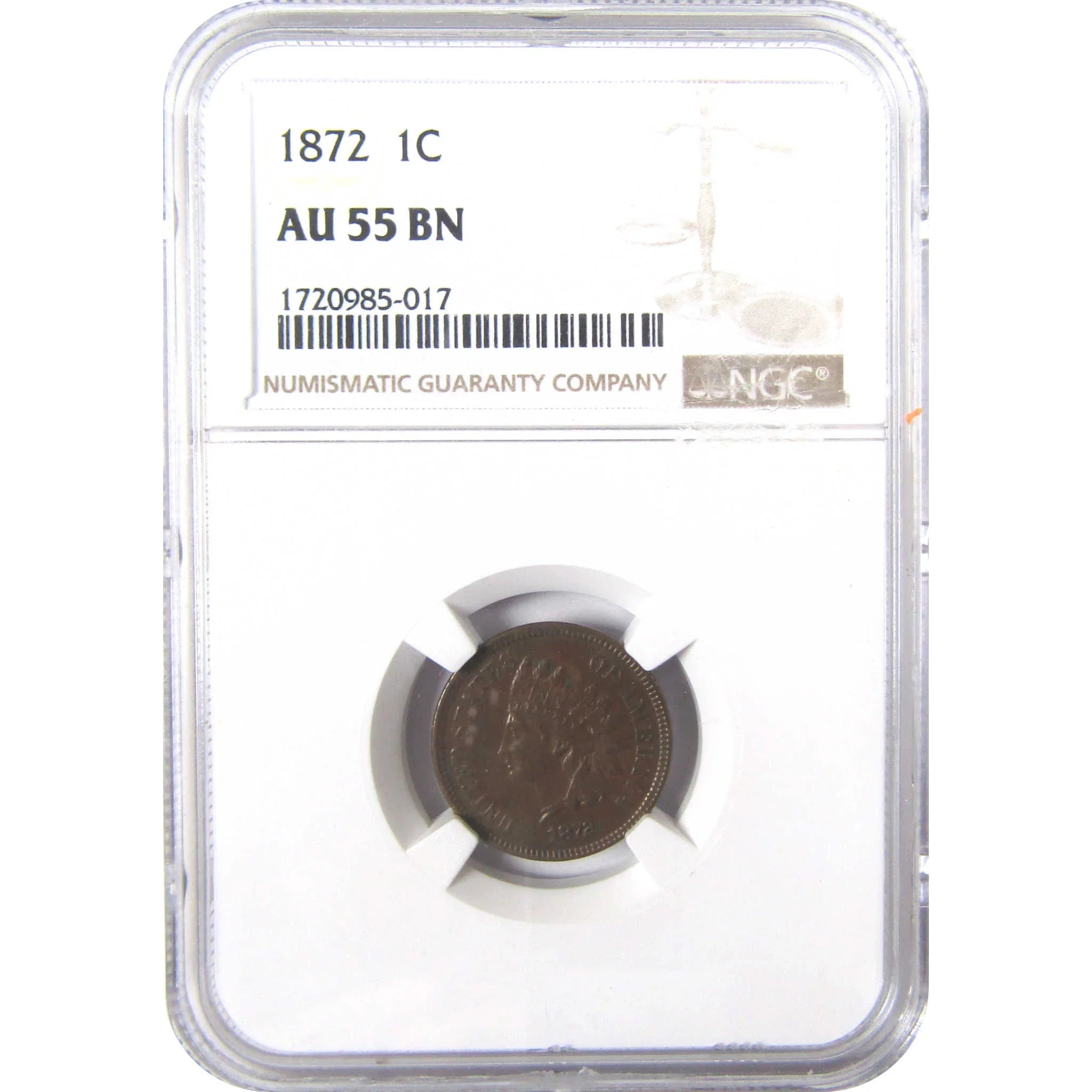 1872 Indian Head Cent AU 55 BN NGC Penny 1c Coin SKU:I17030