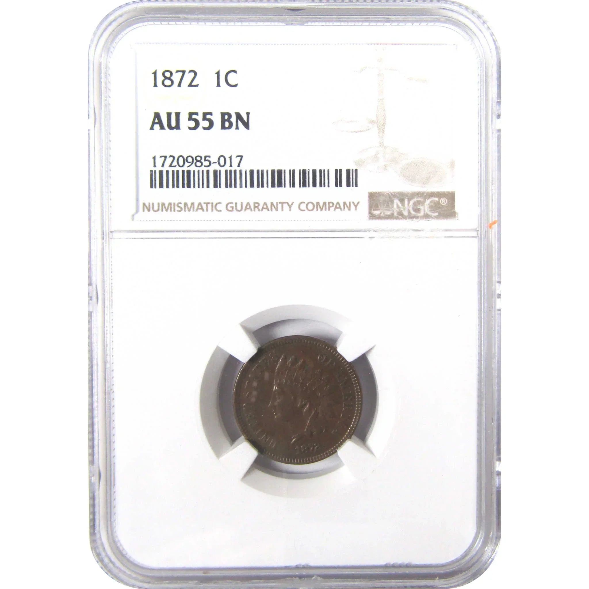 1872 Indian Head Cent AU 55 BN NGC Penny 1c Coin SKU:I17030