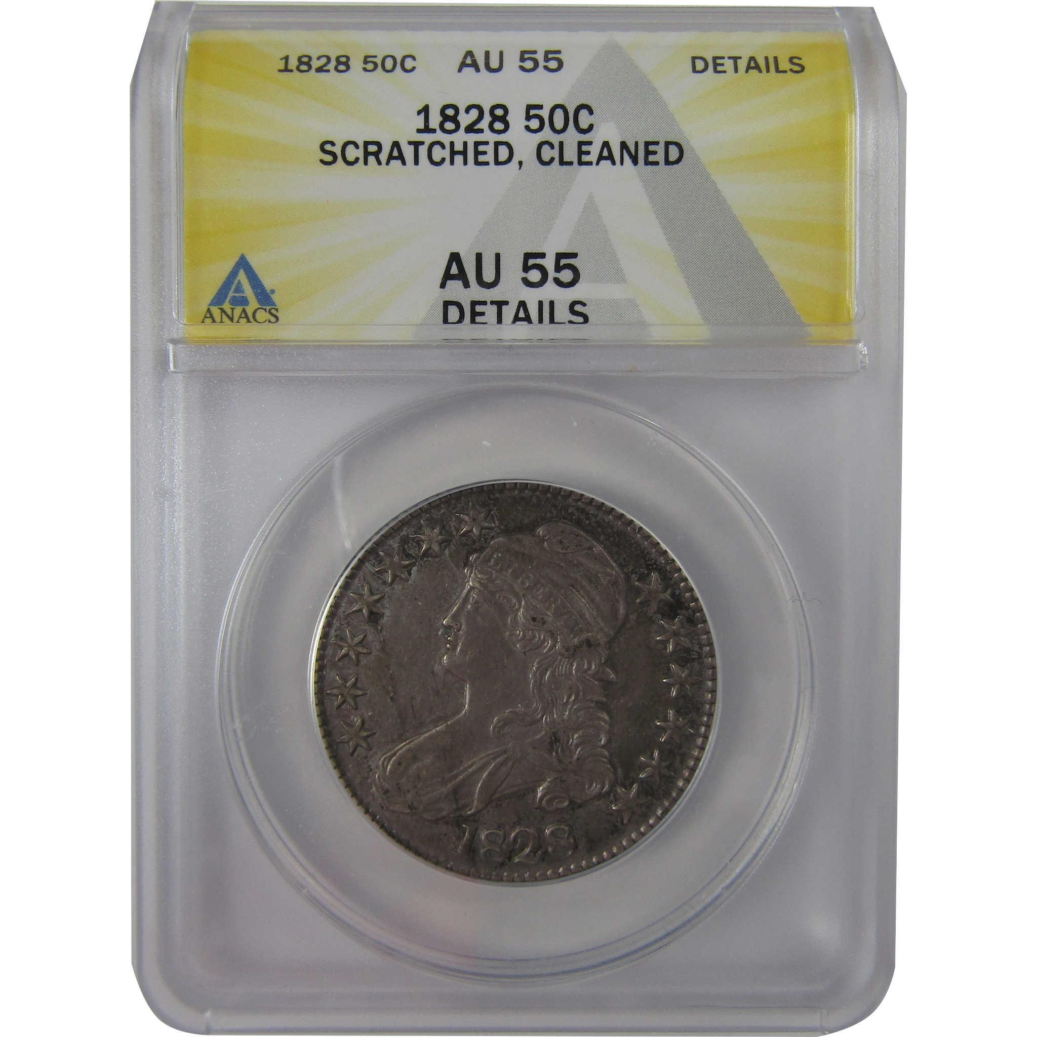 1828 Curl Base No Knob 2 Capped Bust AU 55 Details ANACS SKU:CPC1173