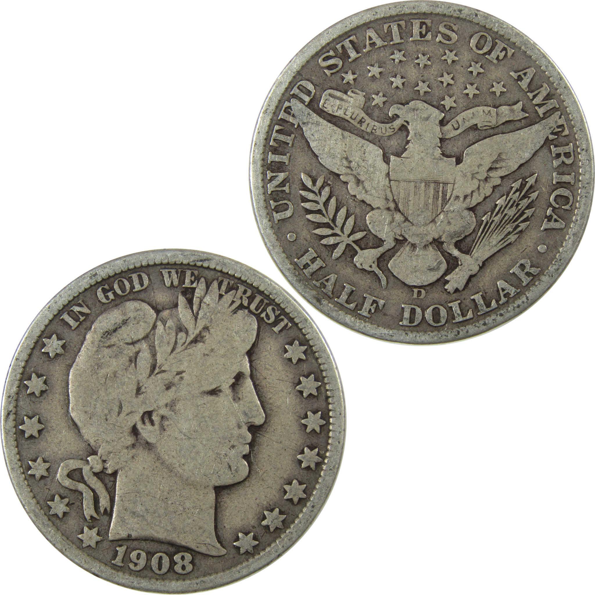 1908 D Barber Silver Half Dollar VG Very Good 50c Coin SKU:I25810