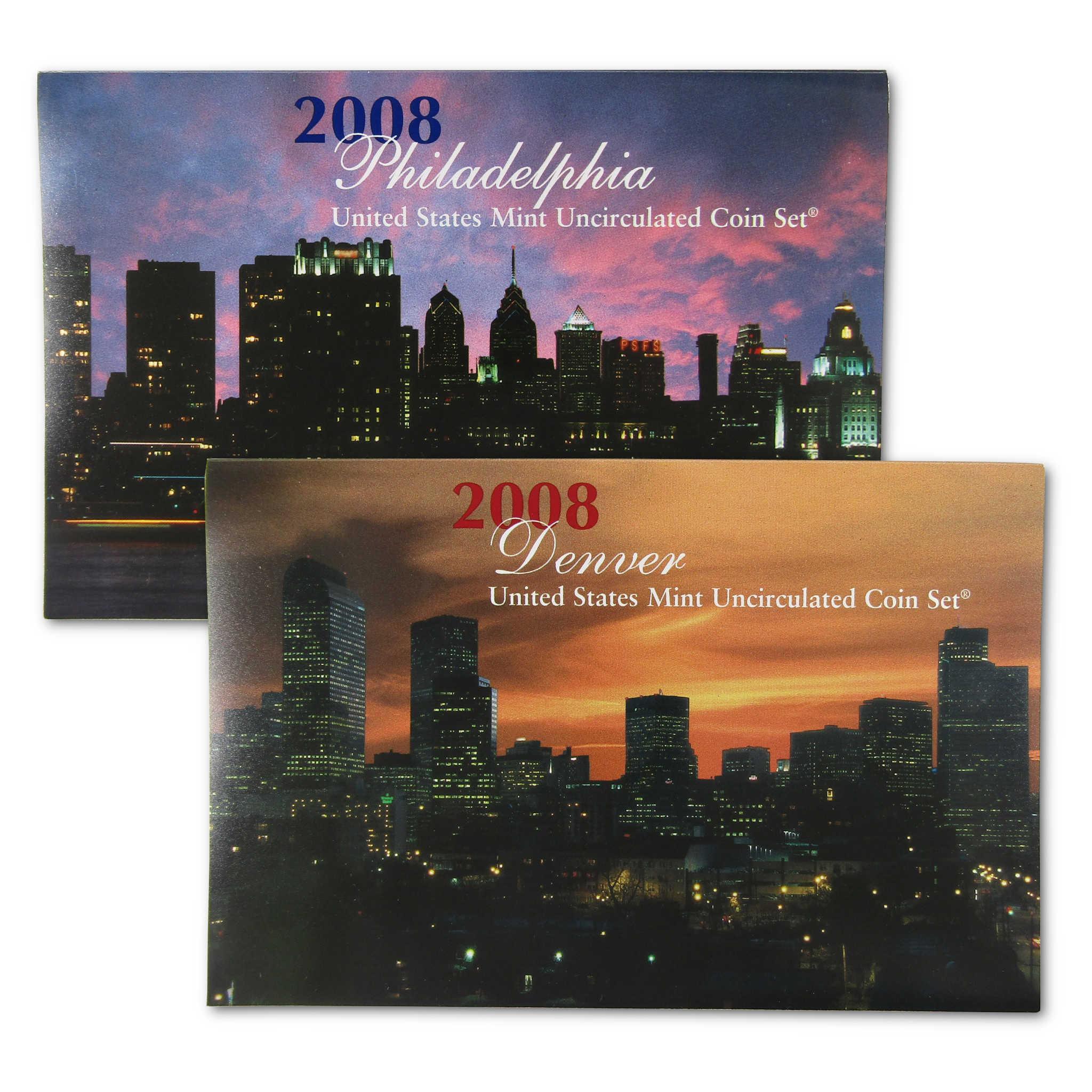 2008 Philadelphia and Denver United States Mint uncirculated coin sets with city skylines.