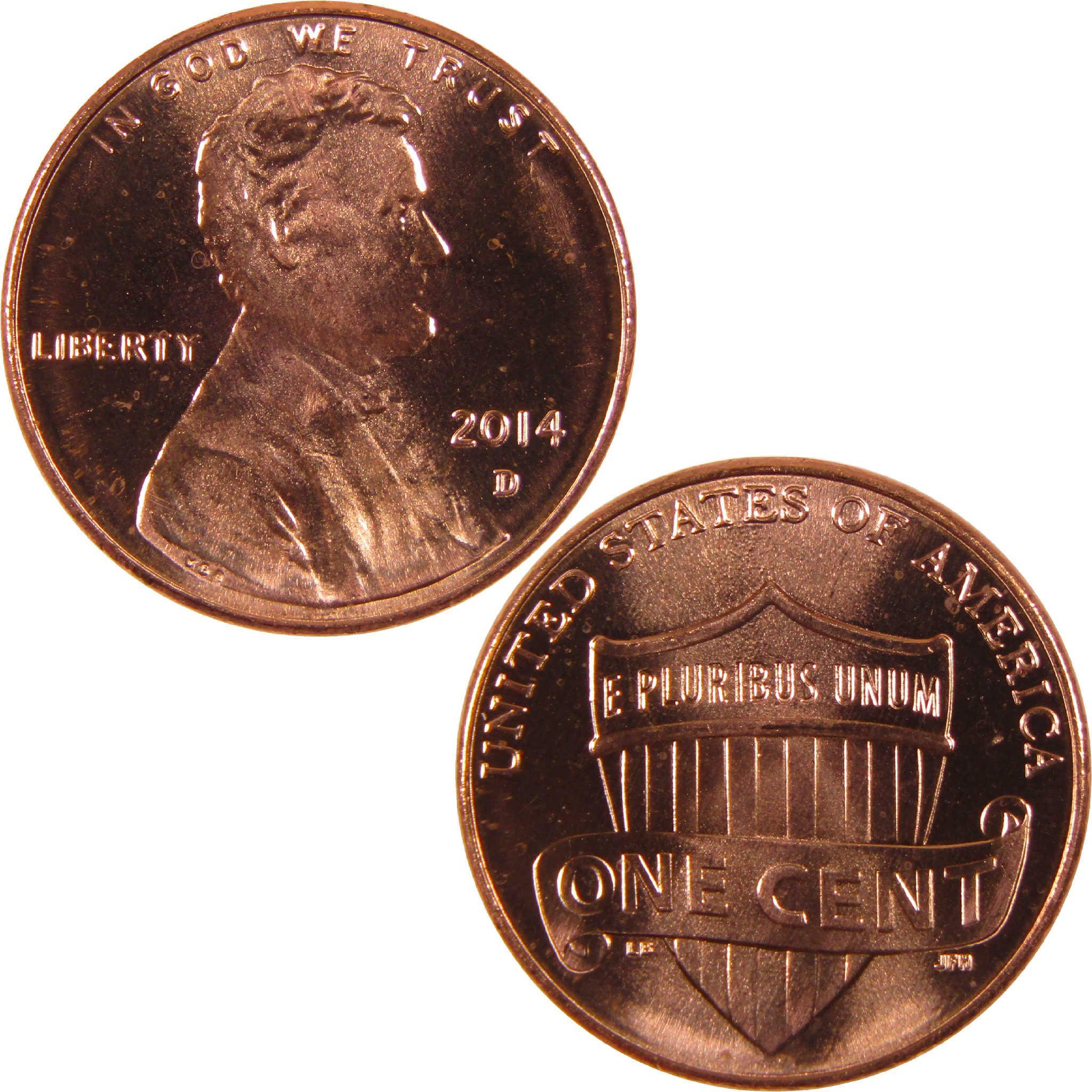 2014 D Lincoln cent, obverse with Lincoln portrait, reverse with shield design, collectible US coin