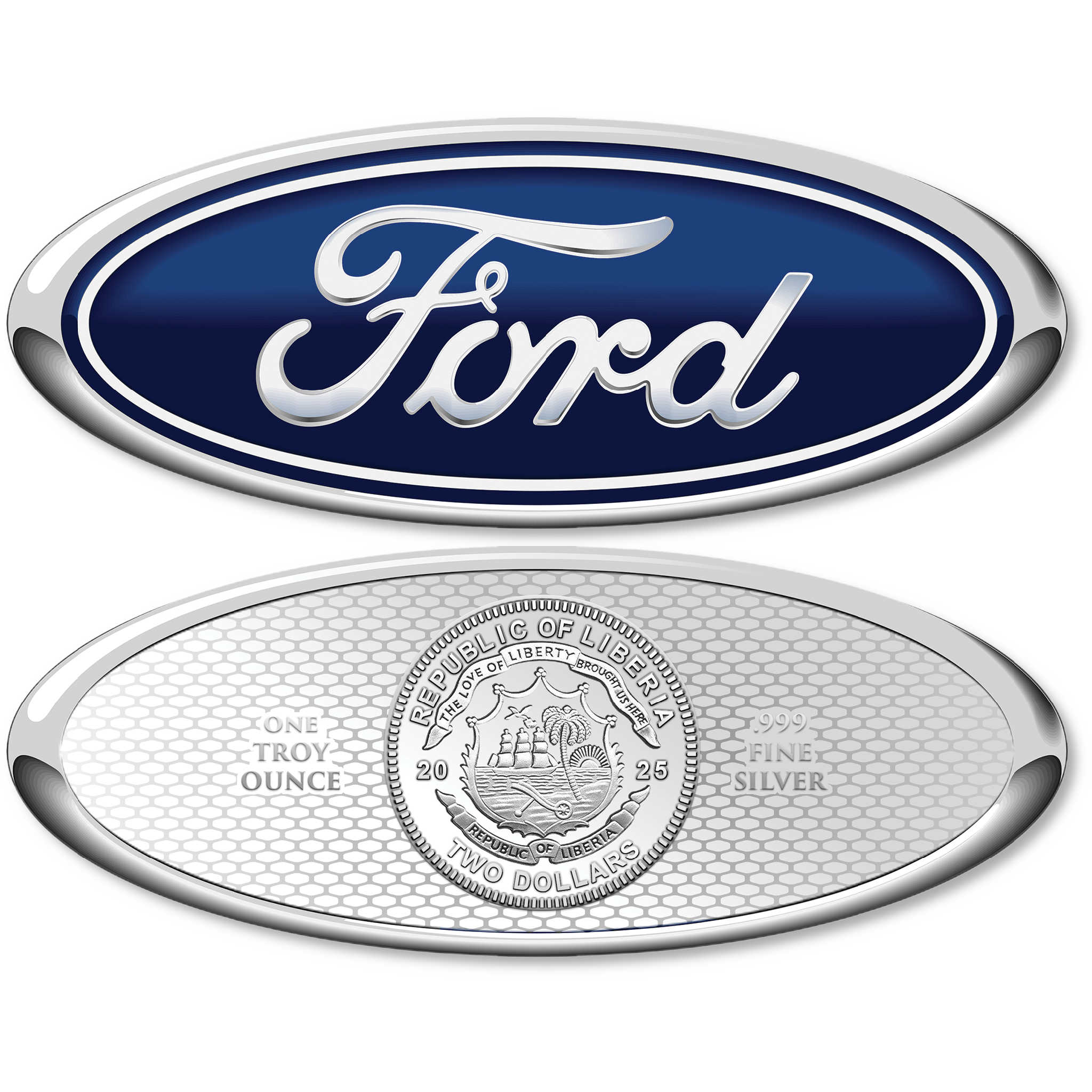 2025 Liberia Ford Emblem Logo Oval-Shaped 1 oz .999 Silver $2 Coin