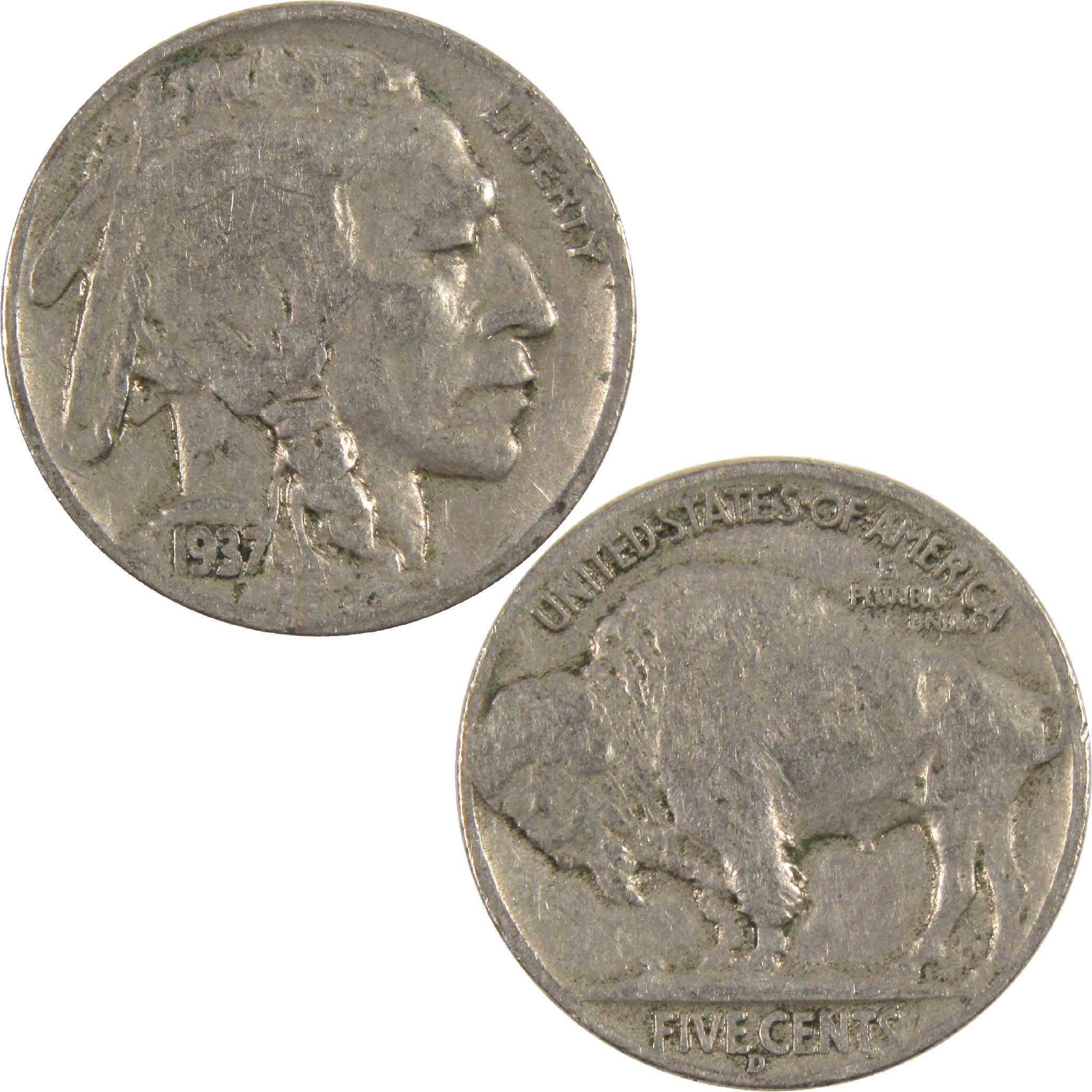 1937 D Indian Head Buffalo Nickel Circulated 5c Coin Collectible