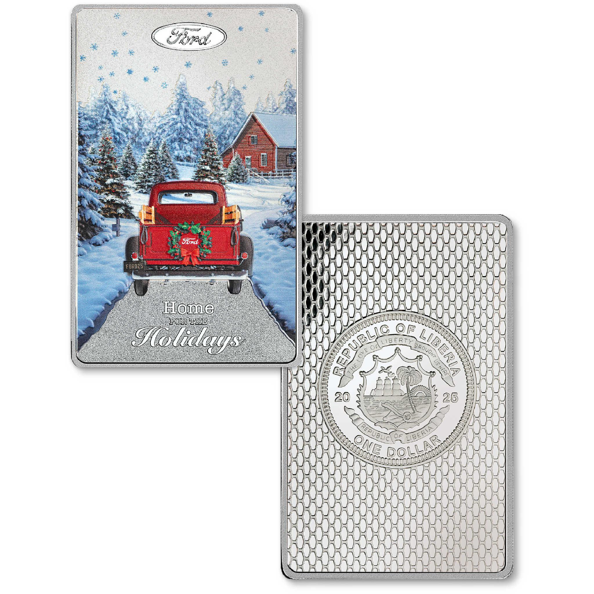 2025 Liberia Ford Holiday Truck White Brass Uncirculated $1 Coin Bar