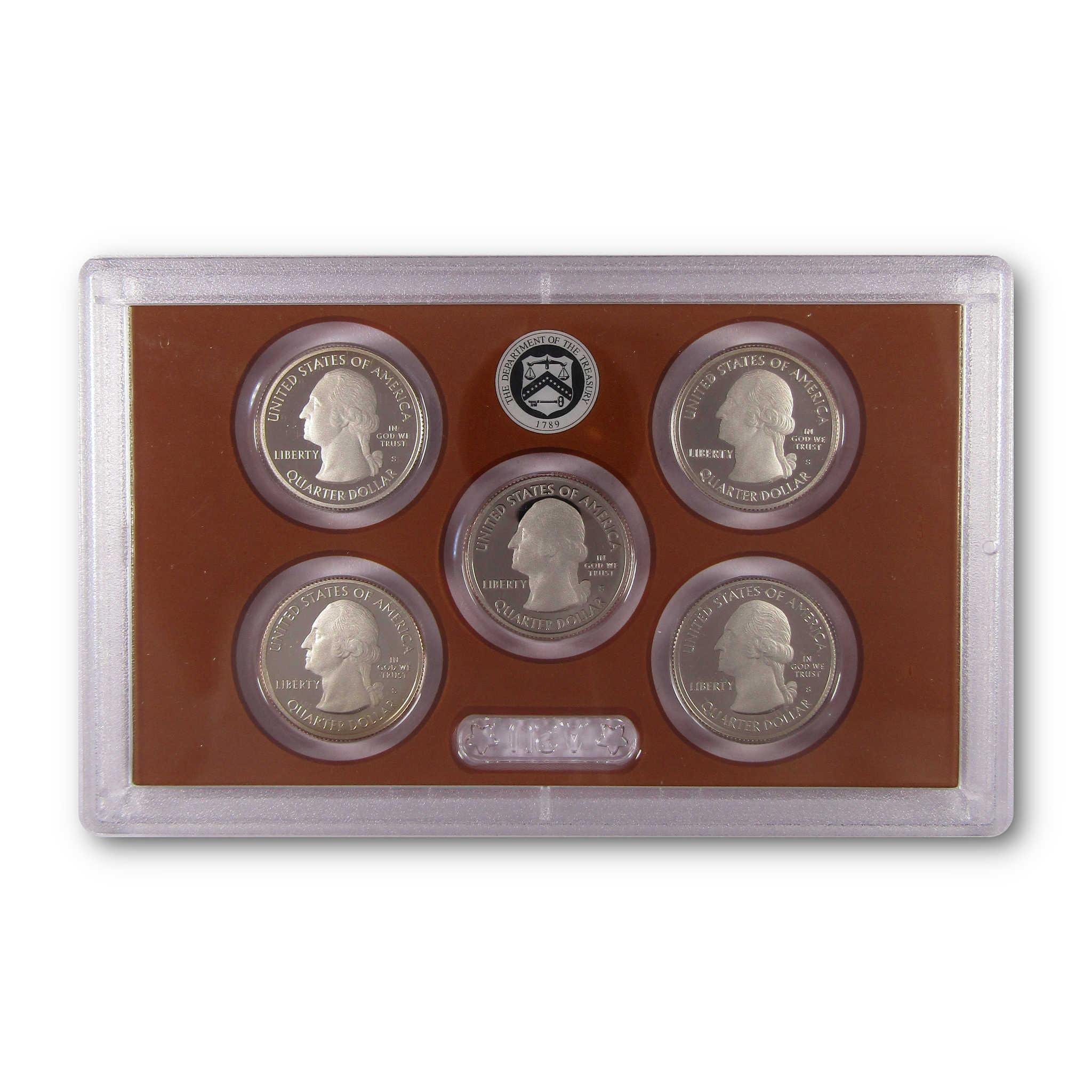 Collectible US quarter coins set in protective plastic case, ideal for coin collectors.