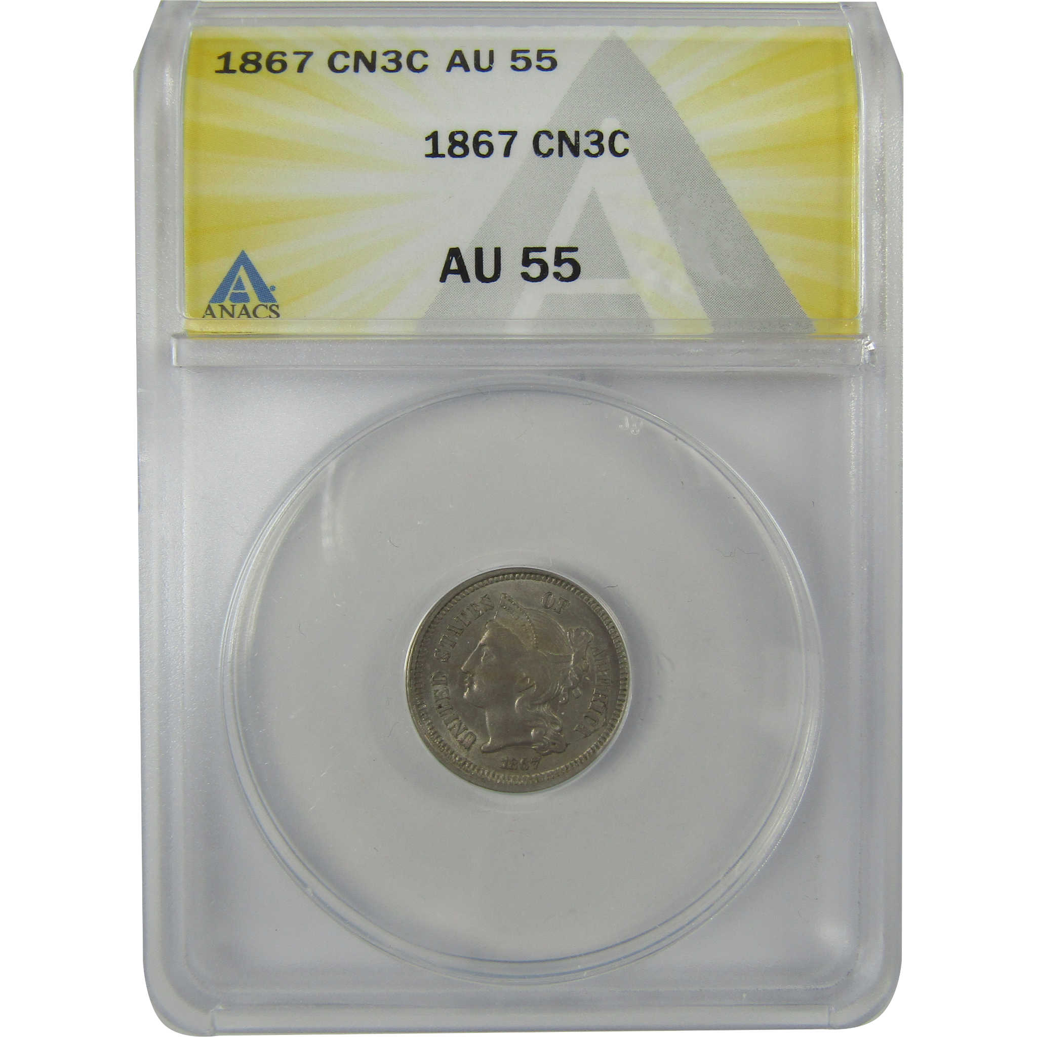 1867 Nickel Three Cent Piece AU 55 ANACS 3c Coin SKU:I22977